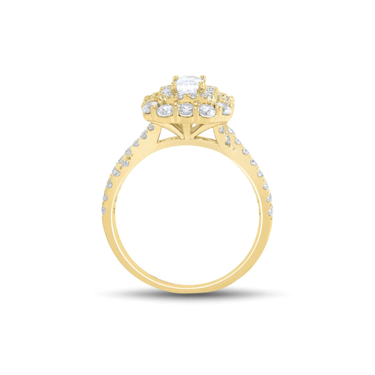 1/2 CT. Tw. Emerald-Cut Diamond Halo Engagement Ring 14K Yellow Gold Round Brilliant Cut Size 7 1mm