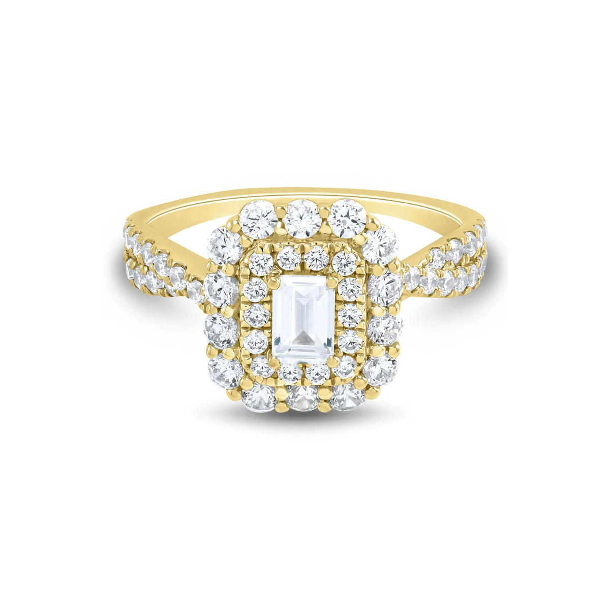 1/2 CT. Tw. Emerald-Cut Diamond Halo Engagement Ring 14K Yellow Gold Round Brilliant Cut Size 7 1mm