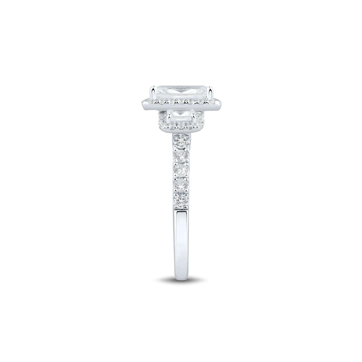3 CT. Tw. Emerald-Cut Diamond Three-Stone Halo Engagement Ring 14K White Gold Round Brilliant Cut Size 8 1.5mm