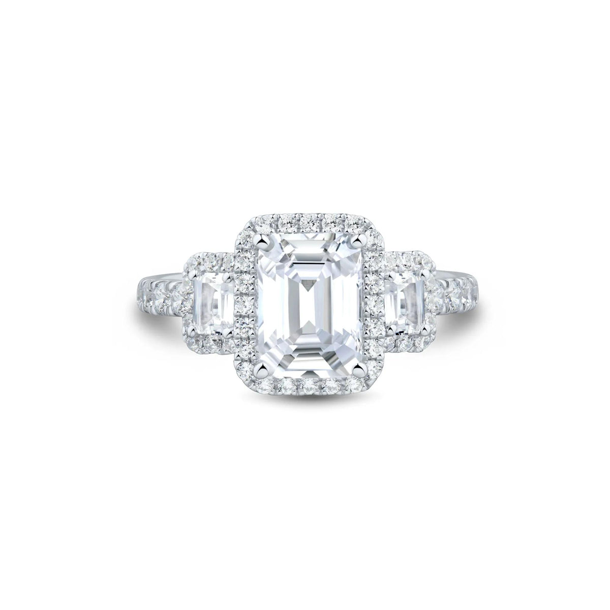 3 CT. Tw. Emerald-Cut Diamond Three-Stone Halo Engagement Ring 14K White Gold Round Brilliant Cut Size 8 1.5mm