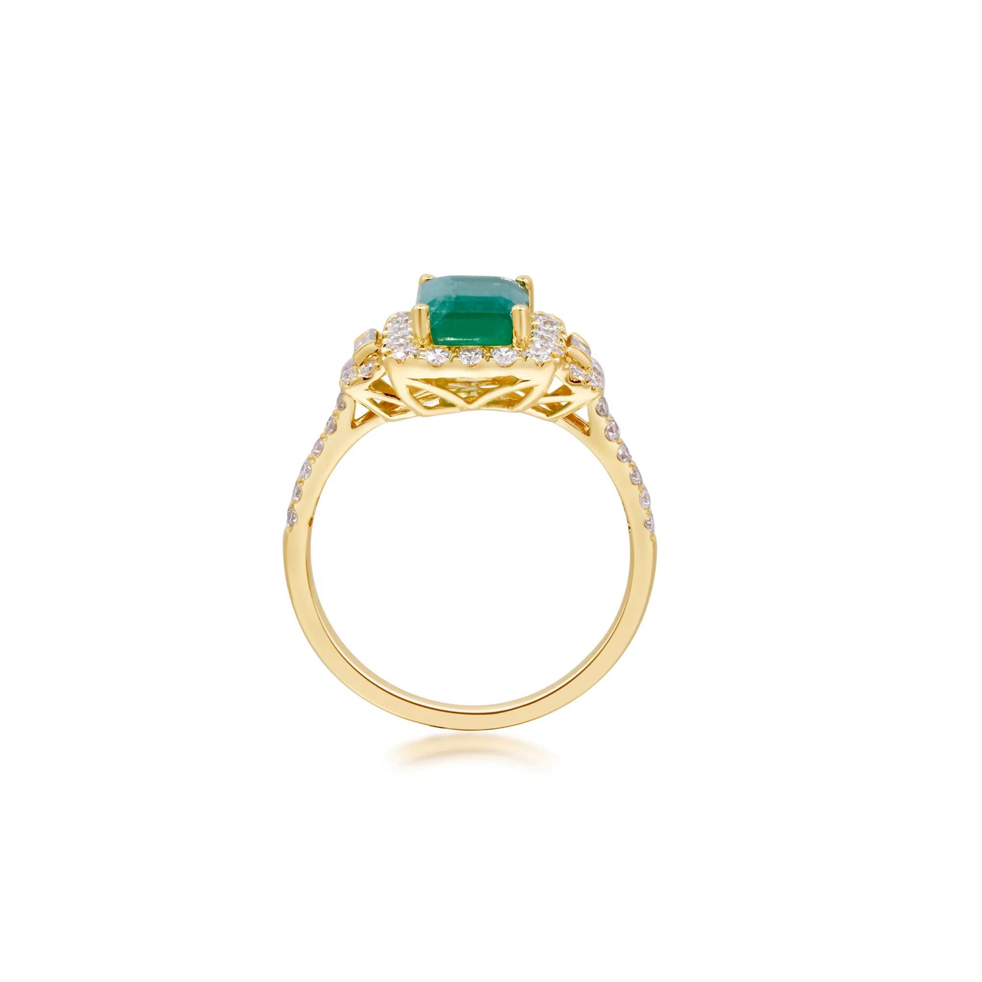 5/8 CT. Tw. Emerald-Cut Emerald and Diamond Ring 14K Yellow Gold Round Brilliant Cut Size 6 2mm