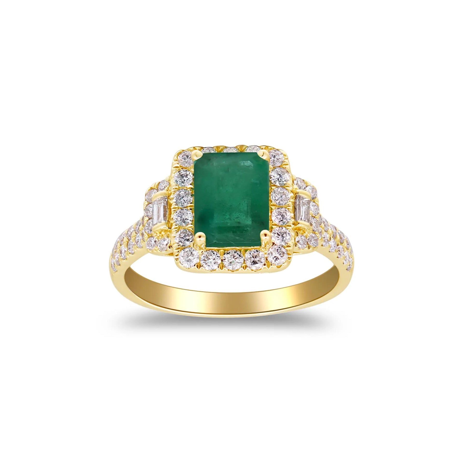 5/8 CT. Tw. Emerald-Cut Emerald and Diamond Ring 14K Yellow Gold Round Brilliant Cut Size 6 2mm