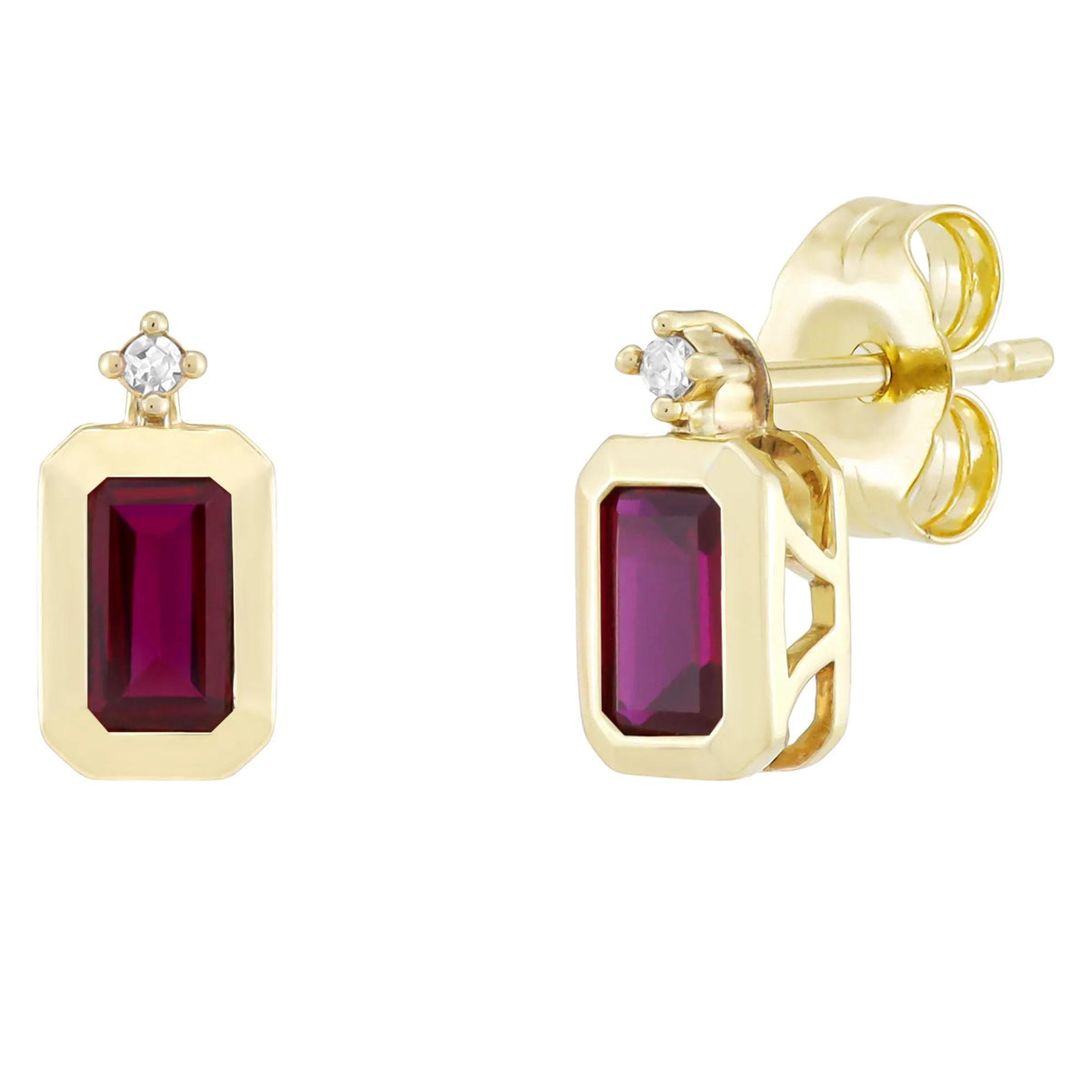 Emerald-Cut Lab-Created Ruby and Diamond Accent Bezel Earrings 10K Yellow Gold Size 8.50mm