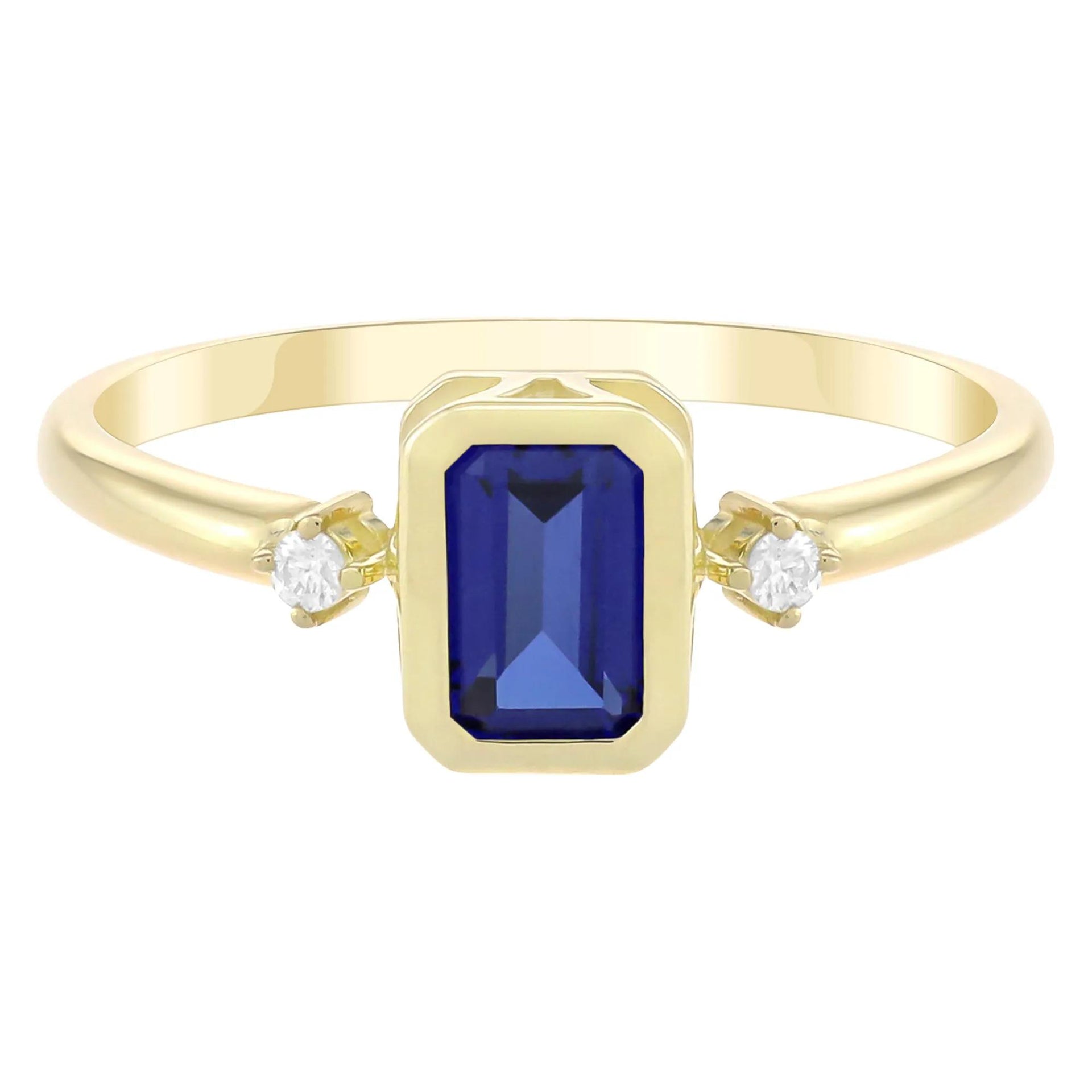 Emerald-Cut Lab-Created Blue Sapphire and Diamond Accent Ring 10K Yellow Gold Size 8 1.5mm
