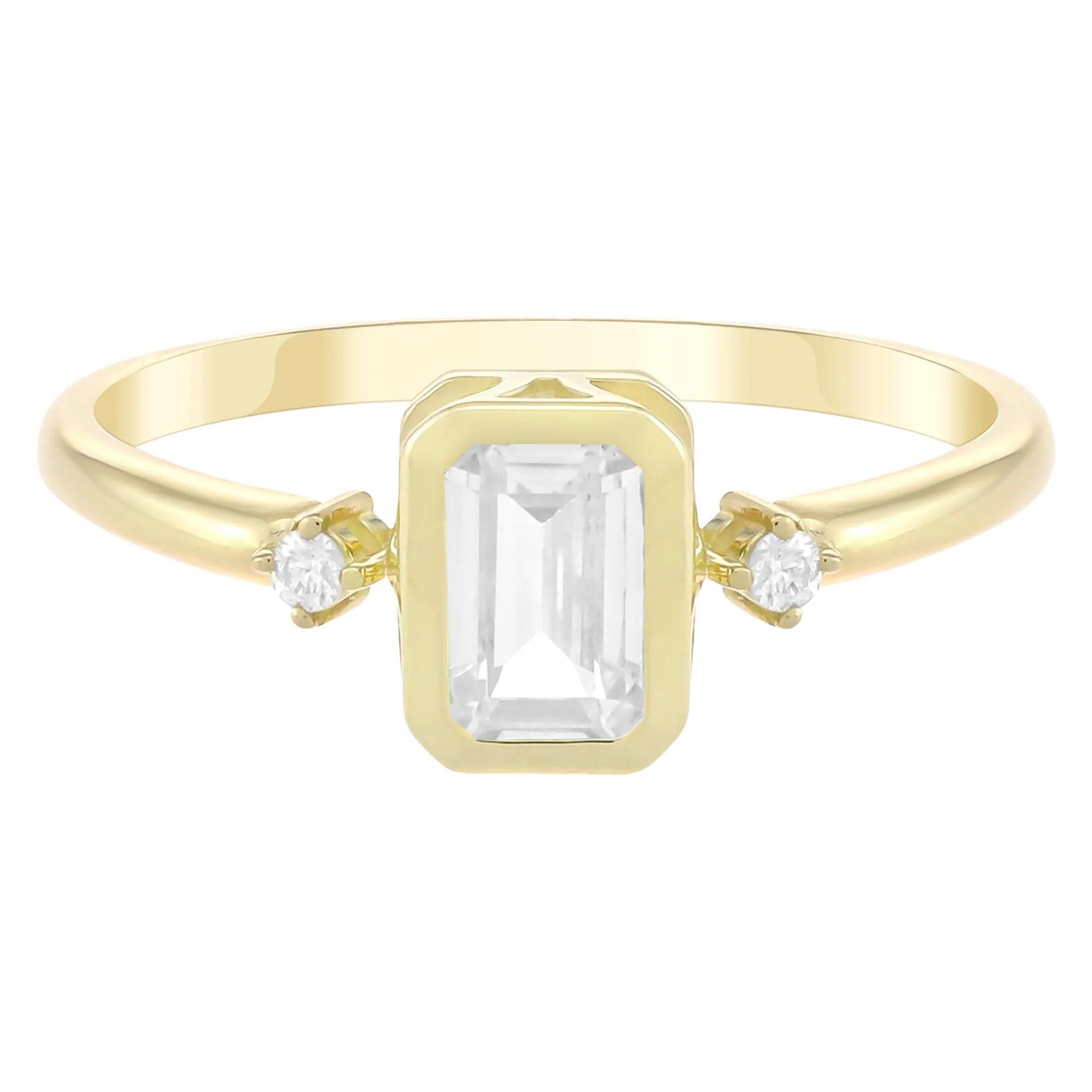 Emerald-Cut Lab-Created White Sapphire and Diamond Accent Ring 10K Yellow Gold Size 5 1.5mm