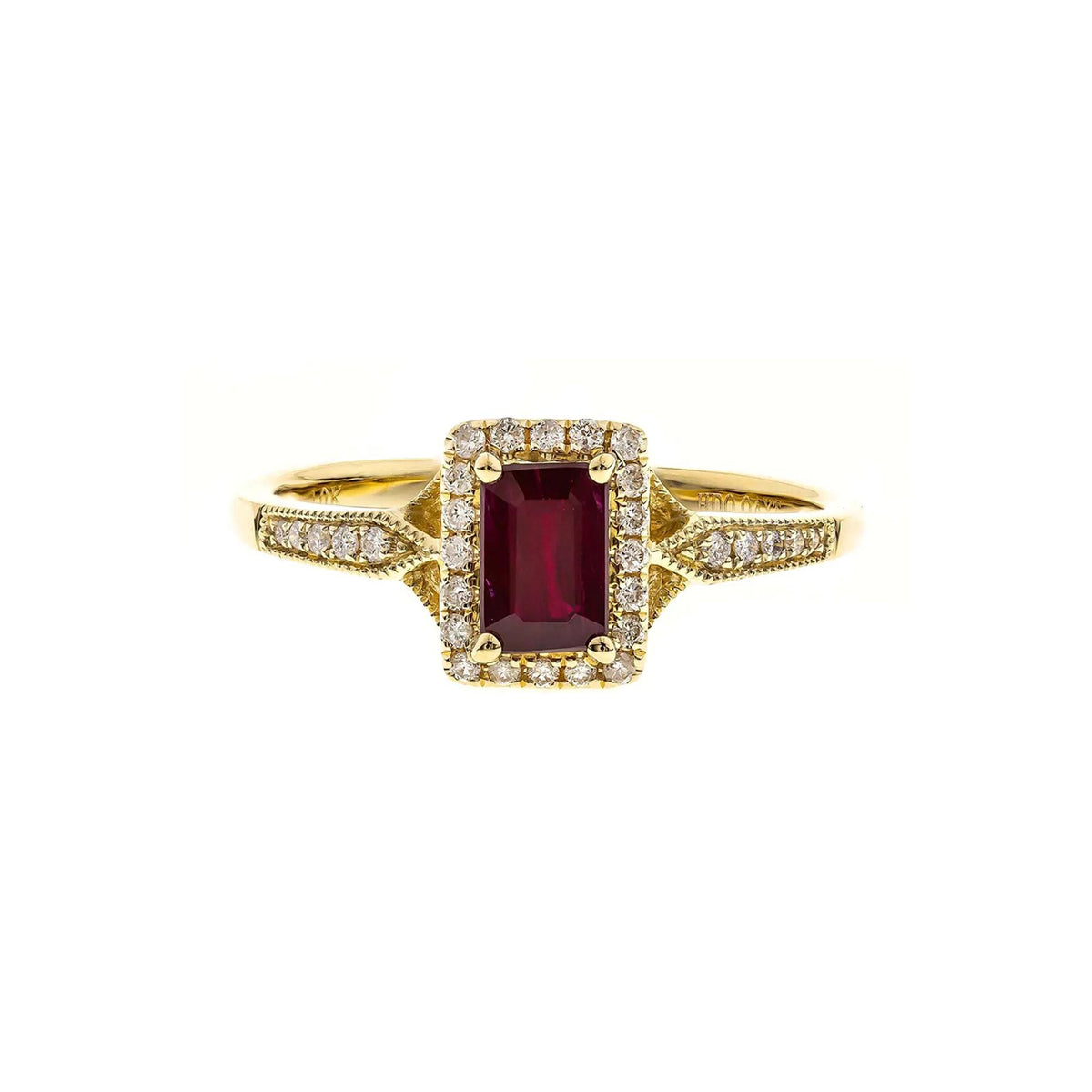 1/8 CT. Tw. Emerald-Cut Ruby & Diamond Ring 10K Yellow Gold Round Brilliant Cut Size 8