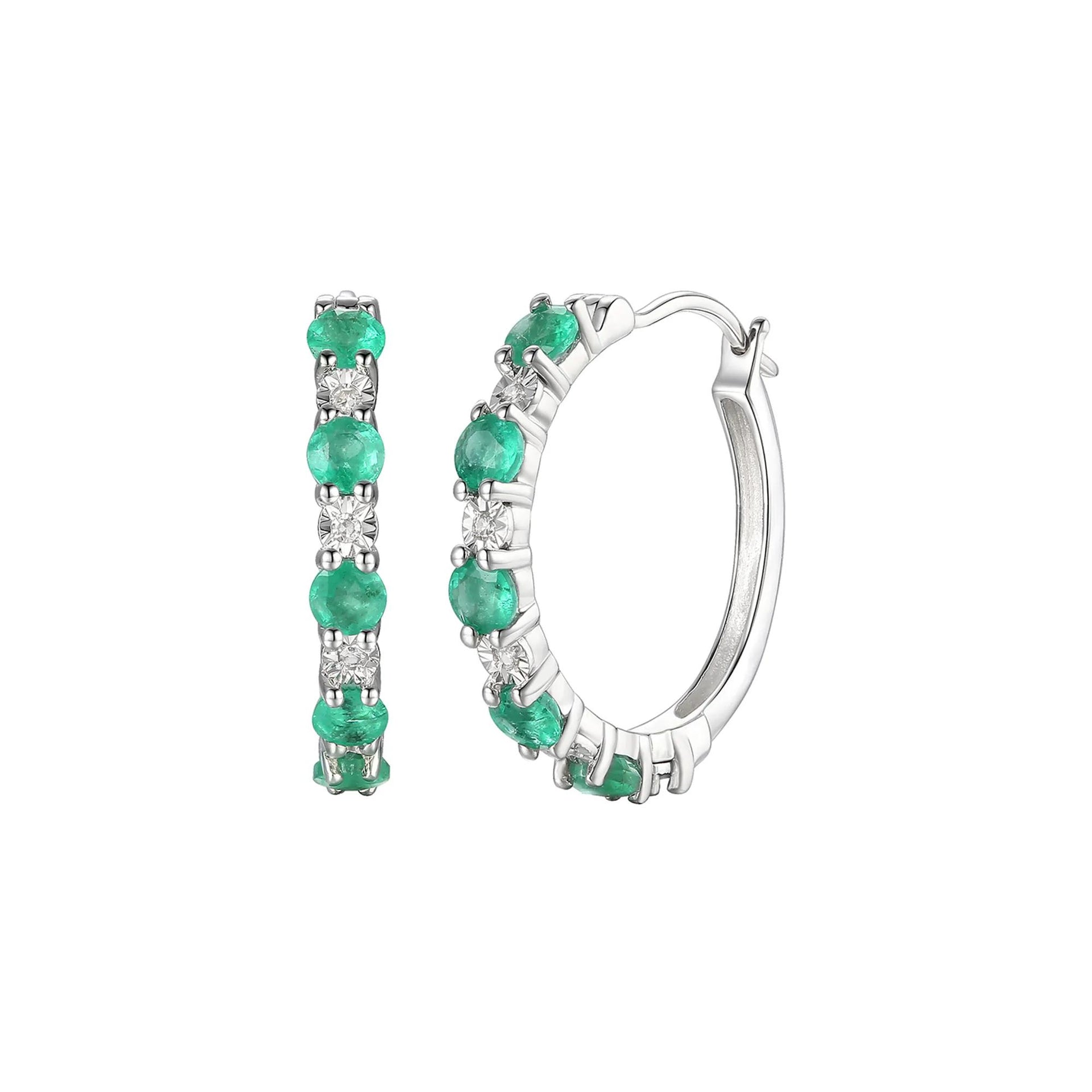 Emerald Hoop Earrings with Diamond Accents 10K White Gold Size 2.00mm
