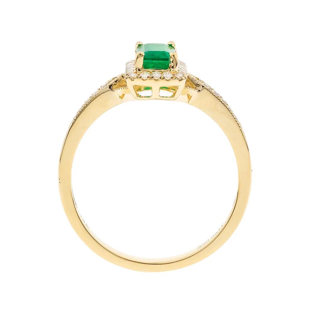 1/8 CT. Tw. Emerald Ring with Diamond Halo 10K Yellow Gold Round Brilliant Cut Size 7.5