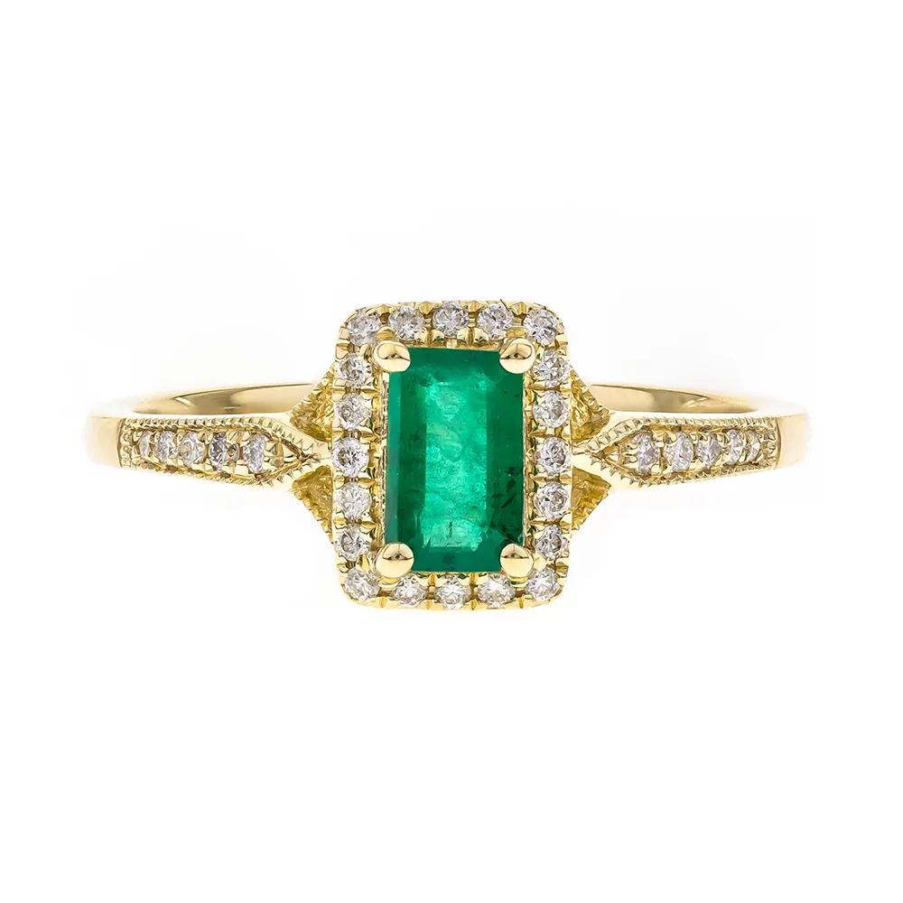 1/8 CT. Tw. Emerald Ring with Diamond Halo 10K Yellow Gold Round Brilliant Cut Size 7.5