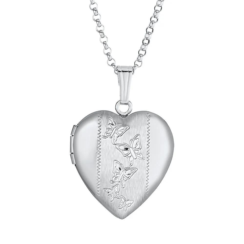 Engraved Butterfly Heart Locket Pendant Necklace .925 Sterling Silver White Size 18"