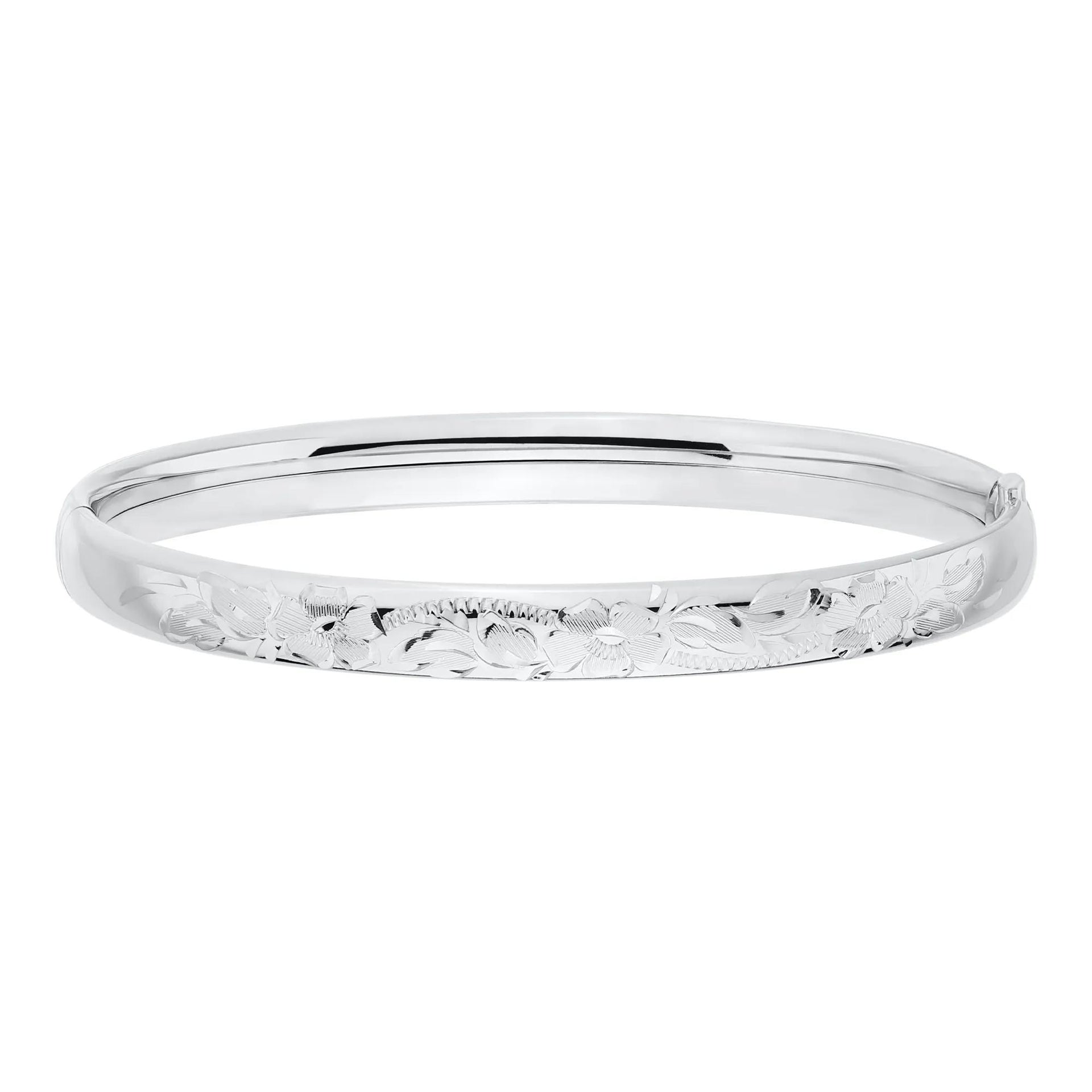 Engraved Floral Bangle Bracelet .925 Sterling Silver 7" White Size 6.00mm