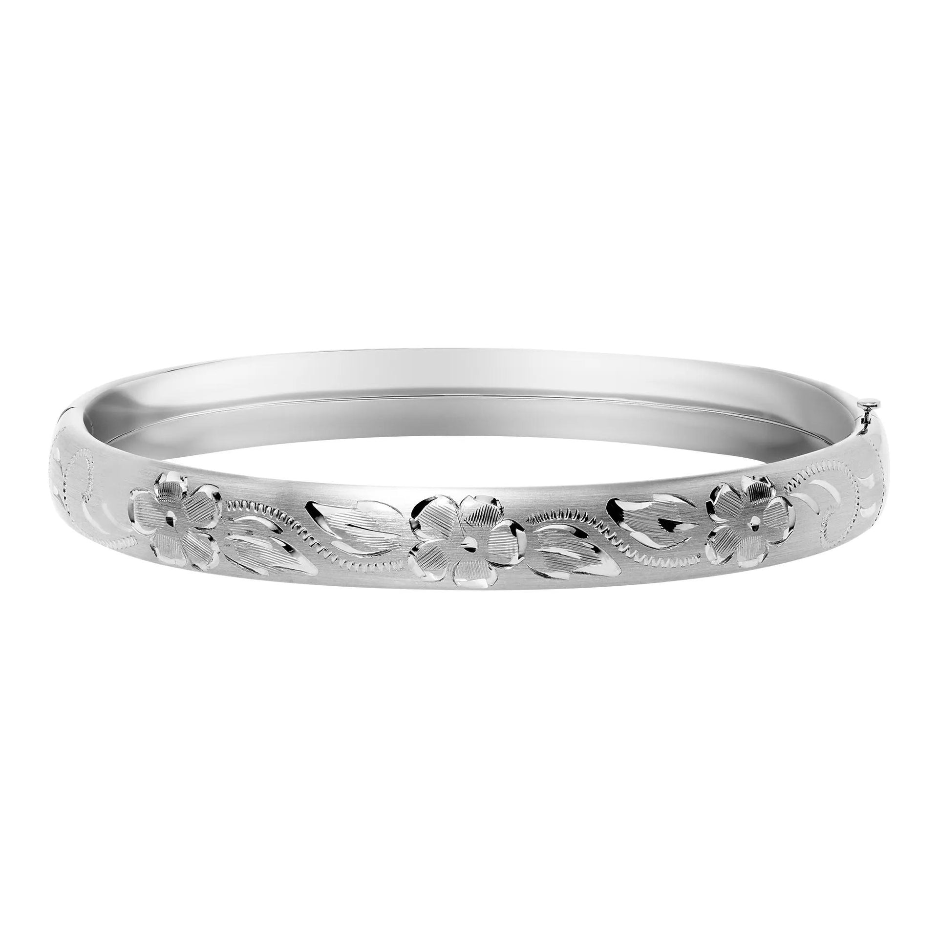 Engraved Floral Bangle Bracelet .925 Sterling Silver 7" White Size 8.00mm