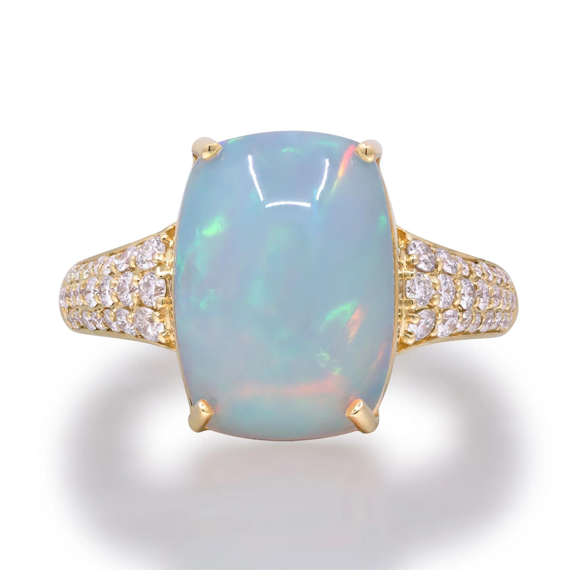 3/8 CT. Tw. Ethiopian Opal Cabochon & Diamond Thick Band Ring 10K Yellow Gold Size 8.5 2mm
