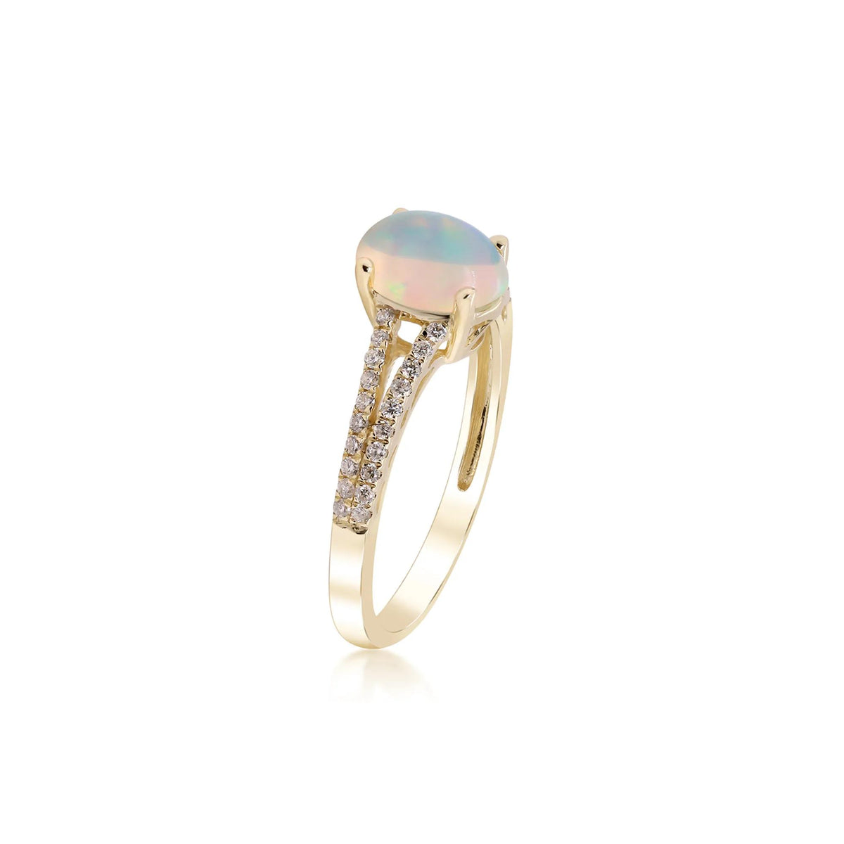 1/5 CT. Tw. Ethiopian Opal Ring with Diamond Split-Shank Band 10K Yellow Gold Round Brilliant Cut Size 7