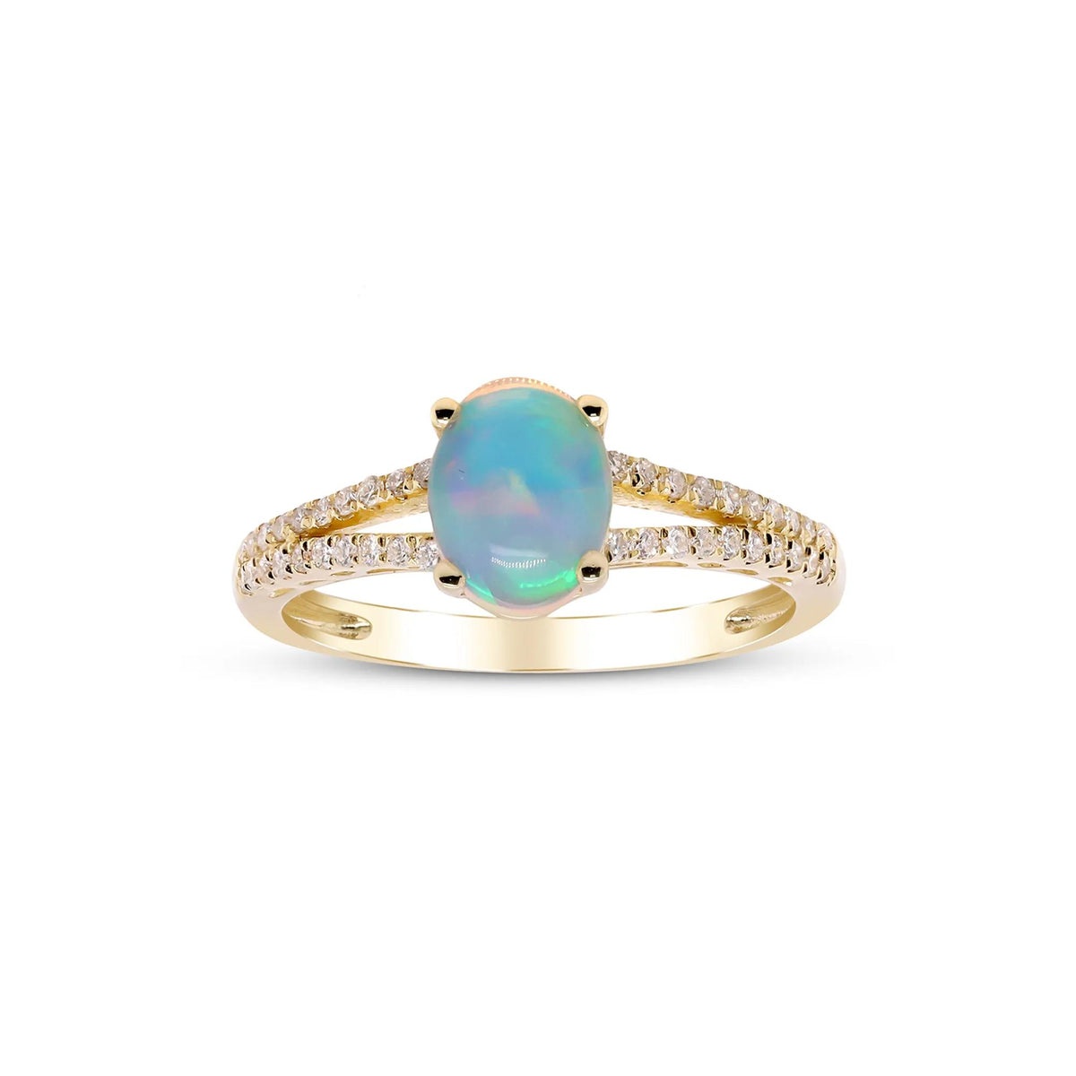 1/5 CT. Tw. Ethiopian Opal Ring with Diamond Split-Shank Band 10K Yellow Gold Round Brilliant Cut Size 7