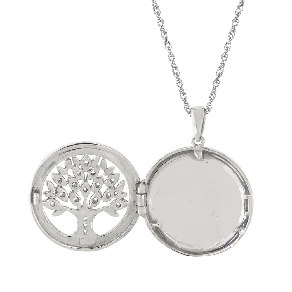 Family Tree Photo Locket with Lab Created White Sapphires .925 Sterling .925 Sterling Silver Necklace Size 18"