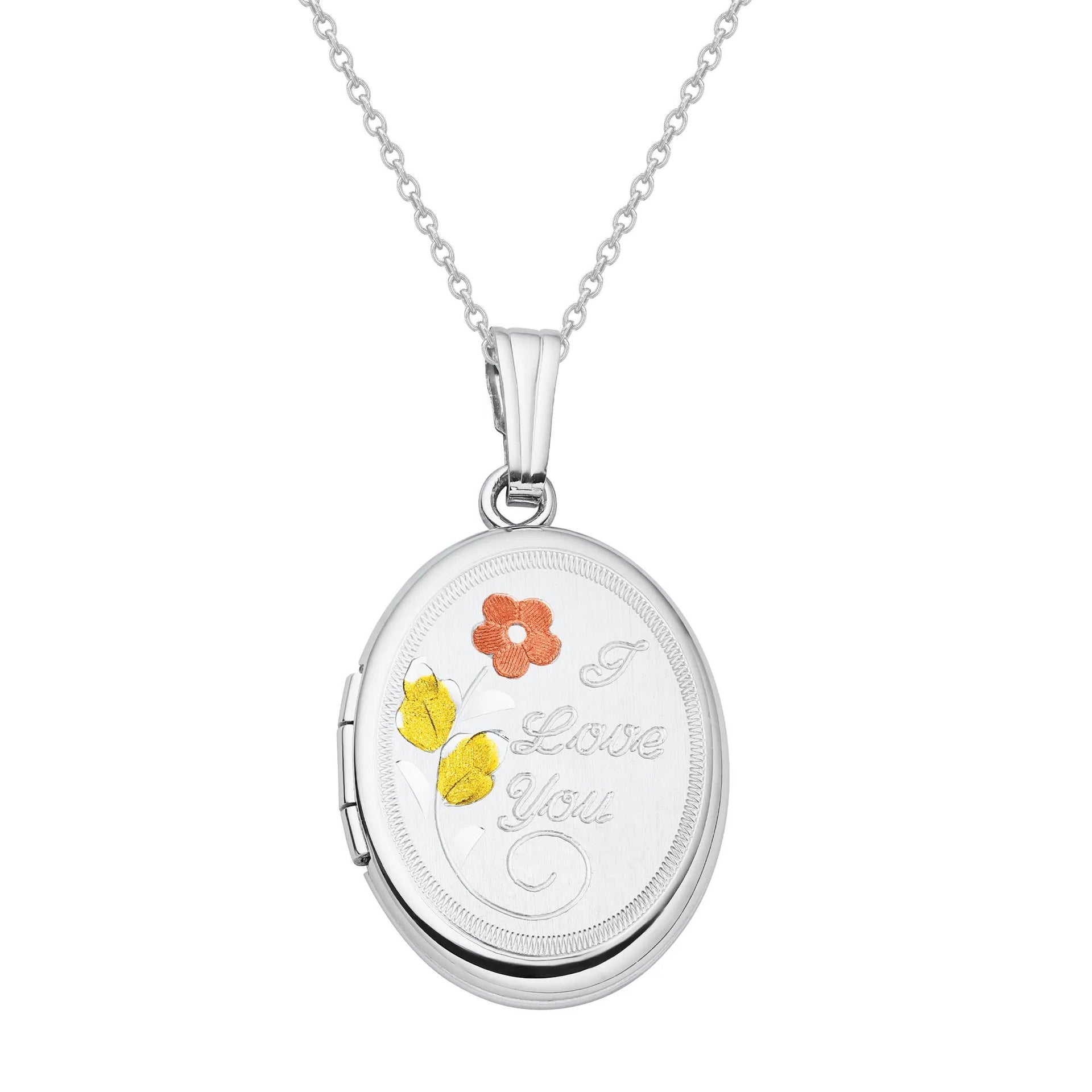 Floral I Love You Oval Locket with White Yellow and Rose-Tone .925 Sterling .925 Sterling Silver Necklace Size 18"