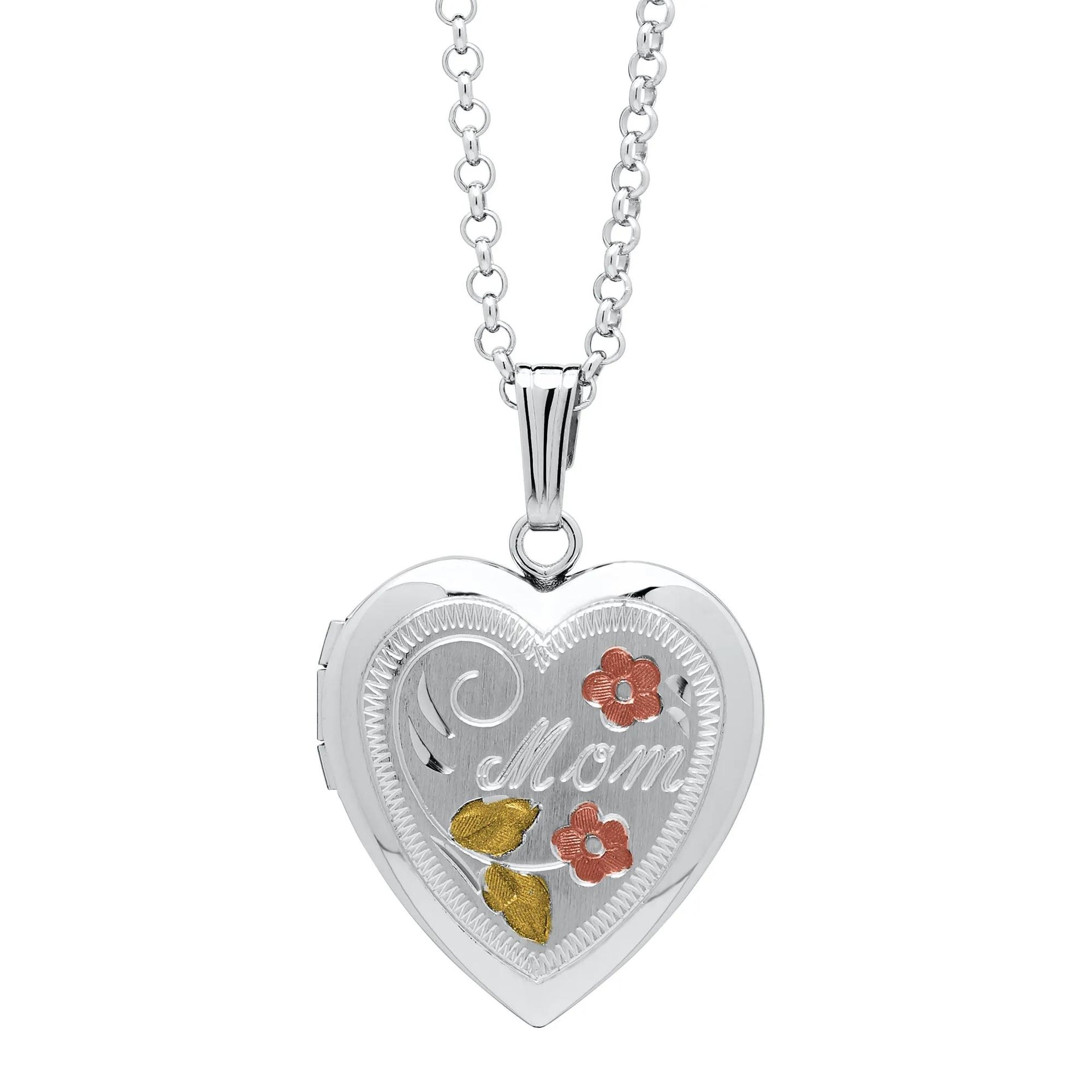 Floral Mom Locket with Tri-Tone Rhodium Plated .925 Sterling .925 Sterling Silver Necklace White Size 18"