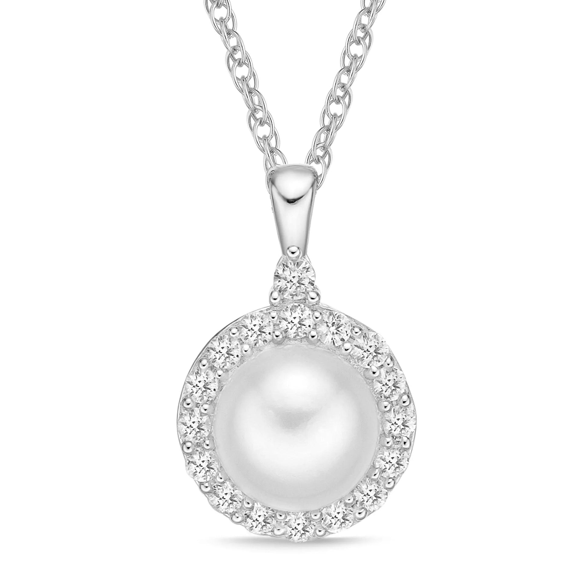 Freshwater Cultured Button Pearl and Lab-Created White Sapphire Pendant Necklace .925 Sterling Silver Size 18"