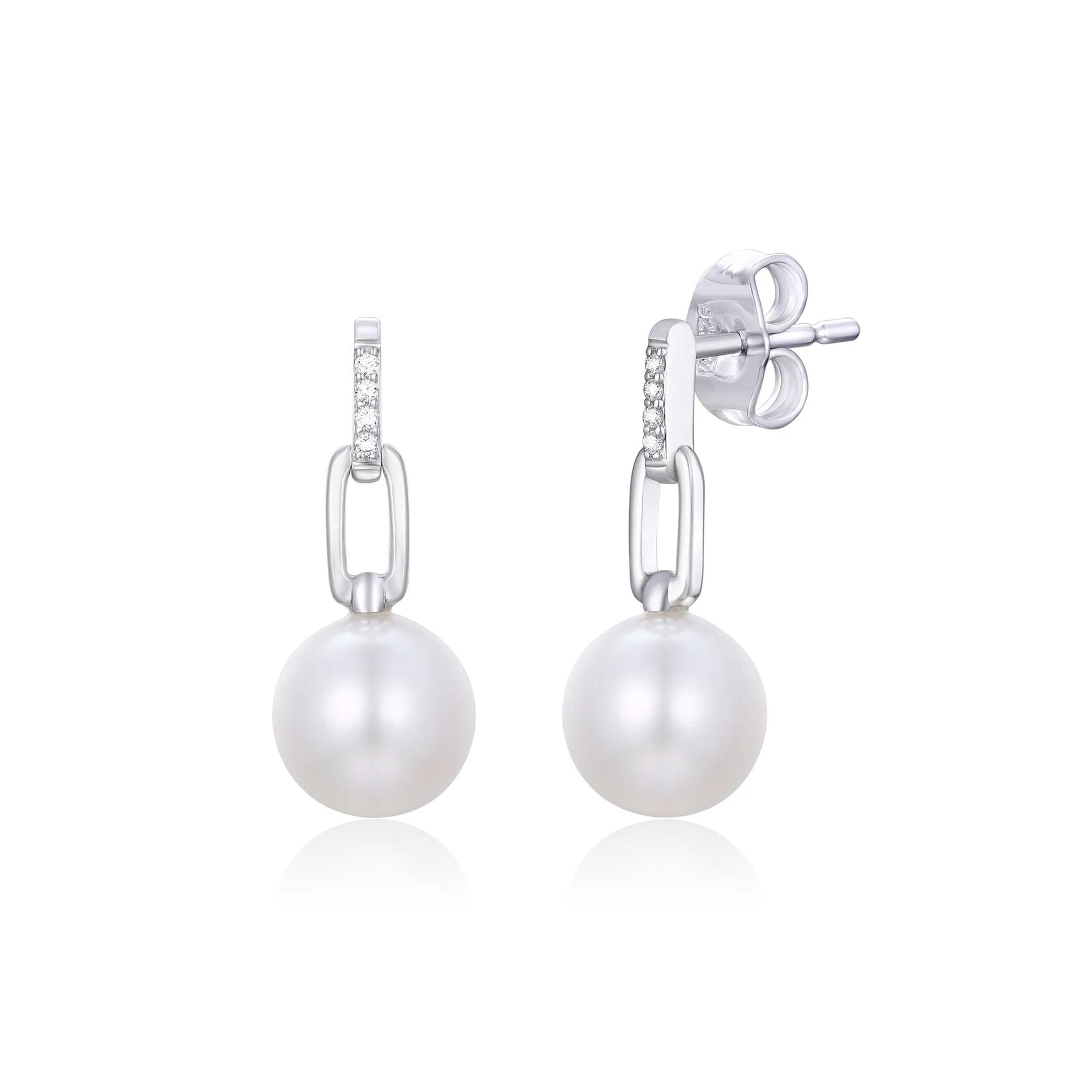 Freshwater Cultured Pearl and Diamond Accent Drop Earrings .925 Sterling Silver White Size 7.70mm