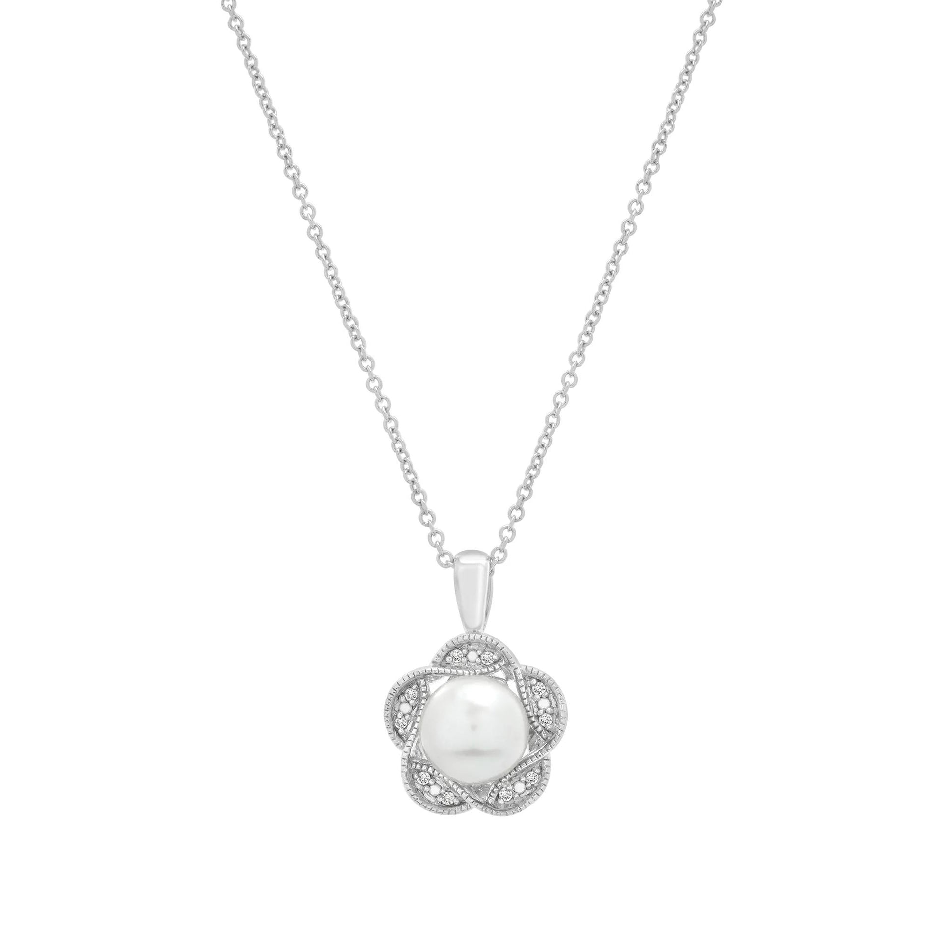 Freshwater Cultured Pearl and Diamond Accent Flower Pendant Necklace .925 Sterling Silver White Size 18"