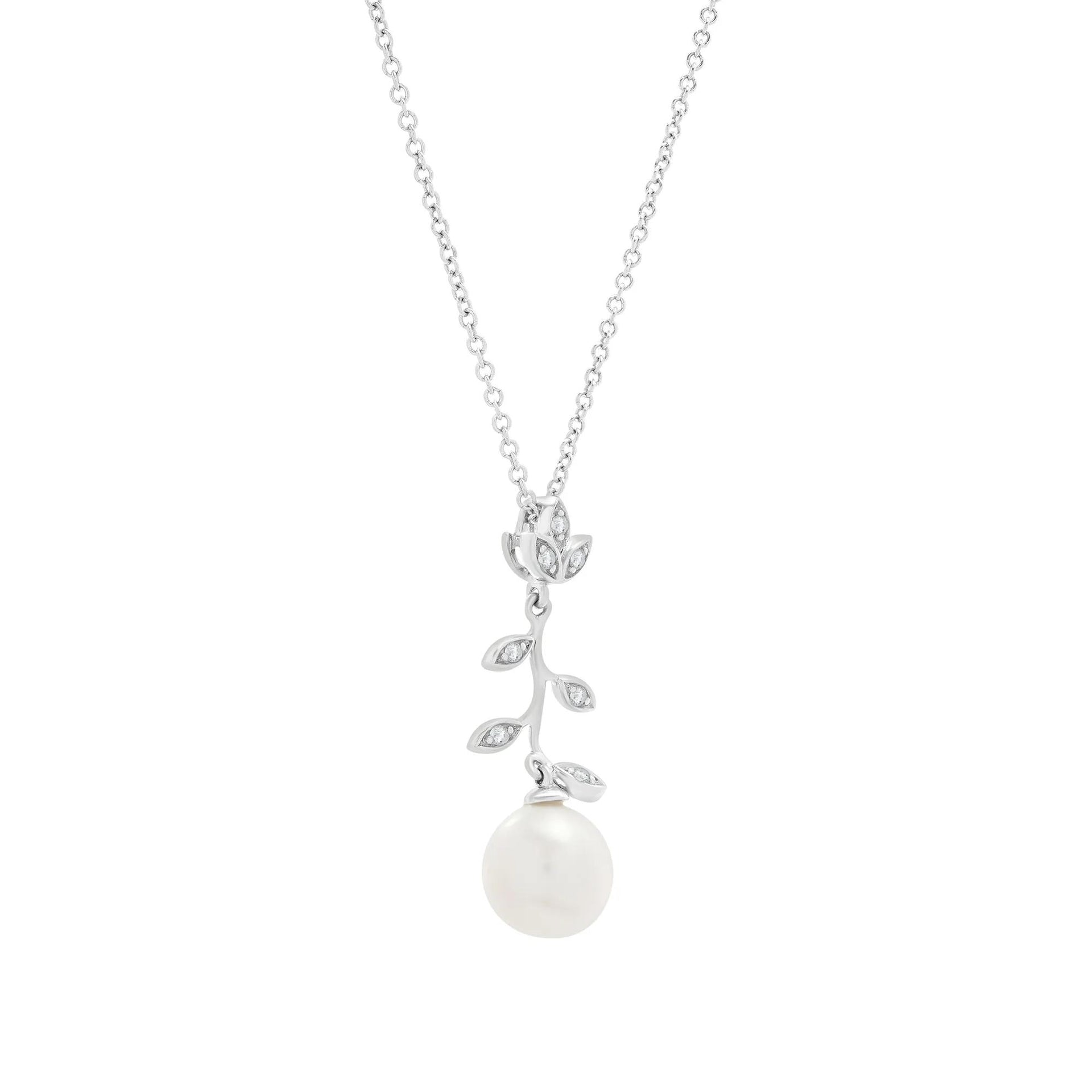Freshwater Cultured Pearl and Diamond Accent Leaf Drop Pendant Necklace .925 Sterling Silver White Size 18"