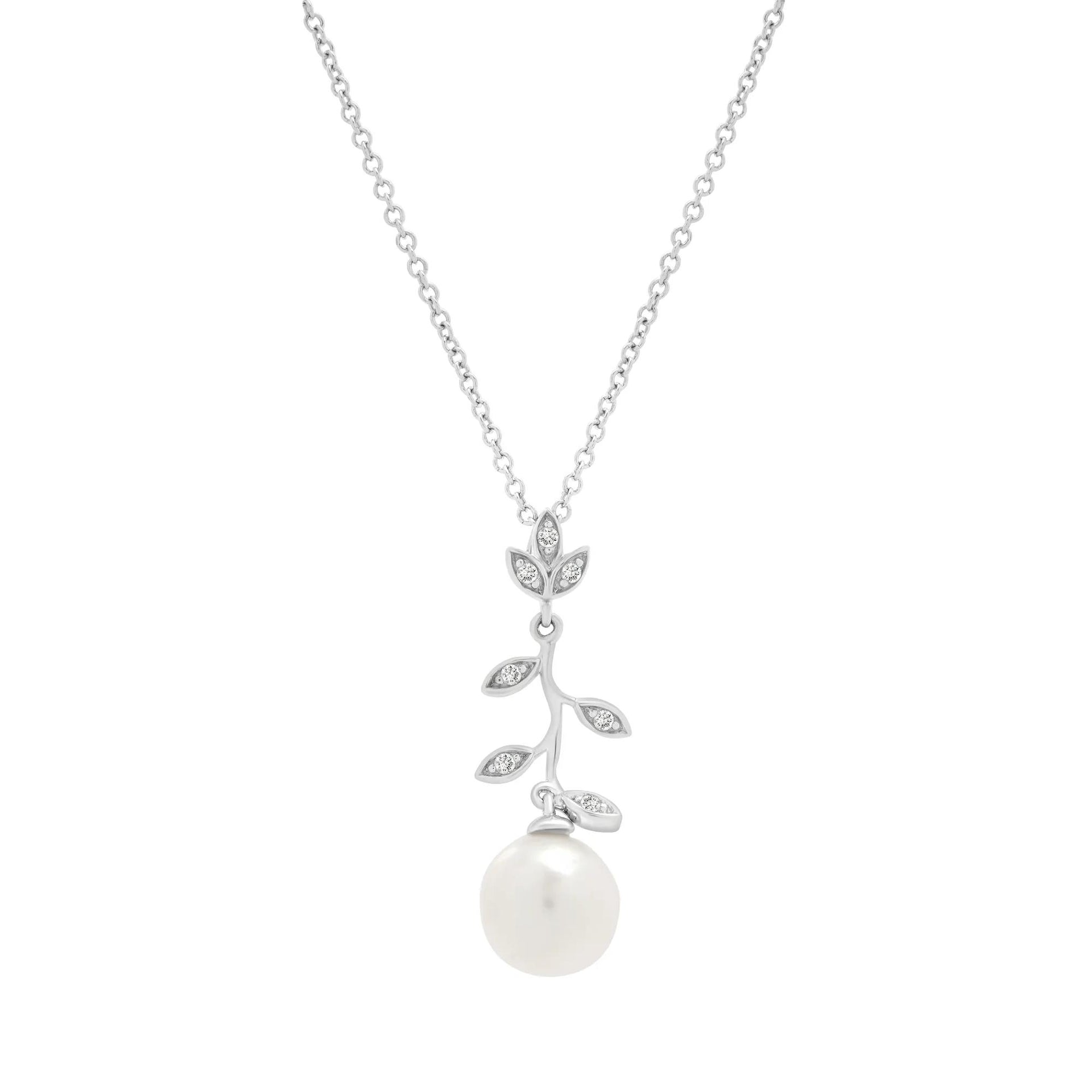 Freshwater Cultured Pearl and Diamond Accent Leaf Drop Pendant Necklace .925 Sterling Silver White Size 18"