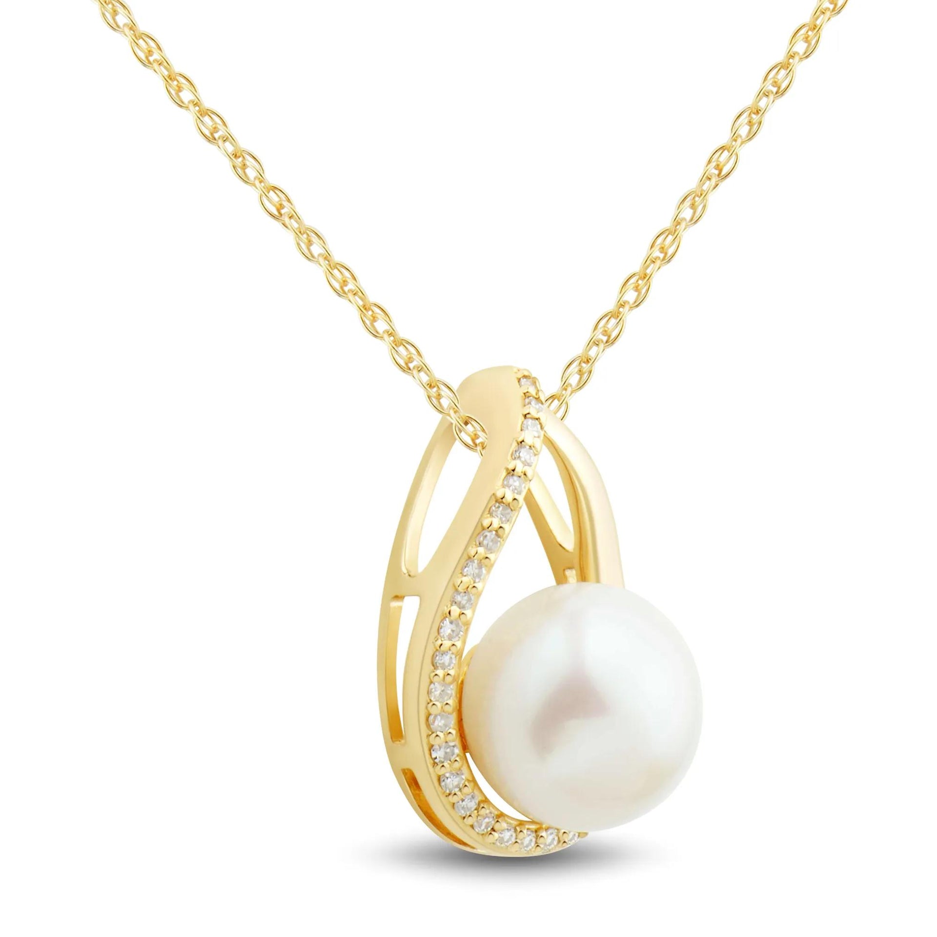 Freshwater Cultured Pearl and Diamond Accent Pendant Necklace 10K Yellow Gold Size 18"