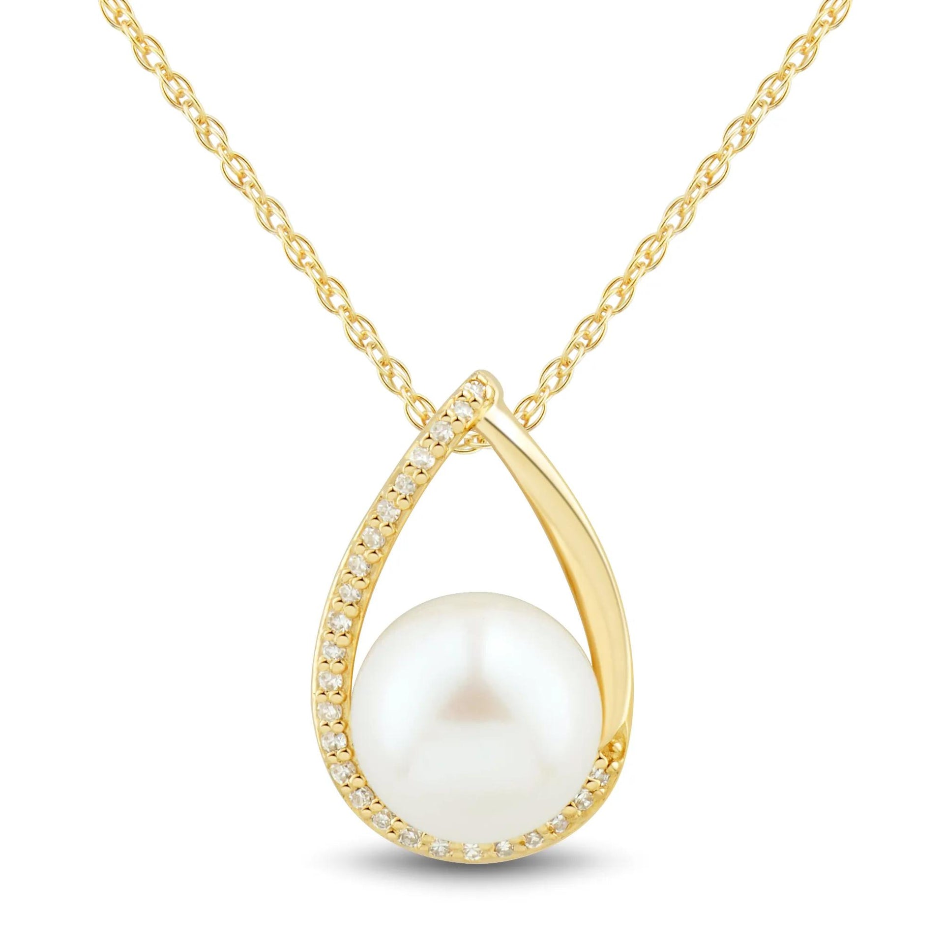 Freshwater Cultured Pearl and Diamond Accent Pendant Necklace 10K Yellow Gold Size 18"