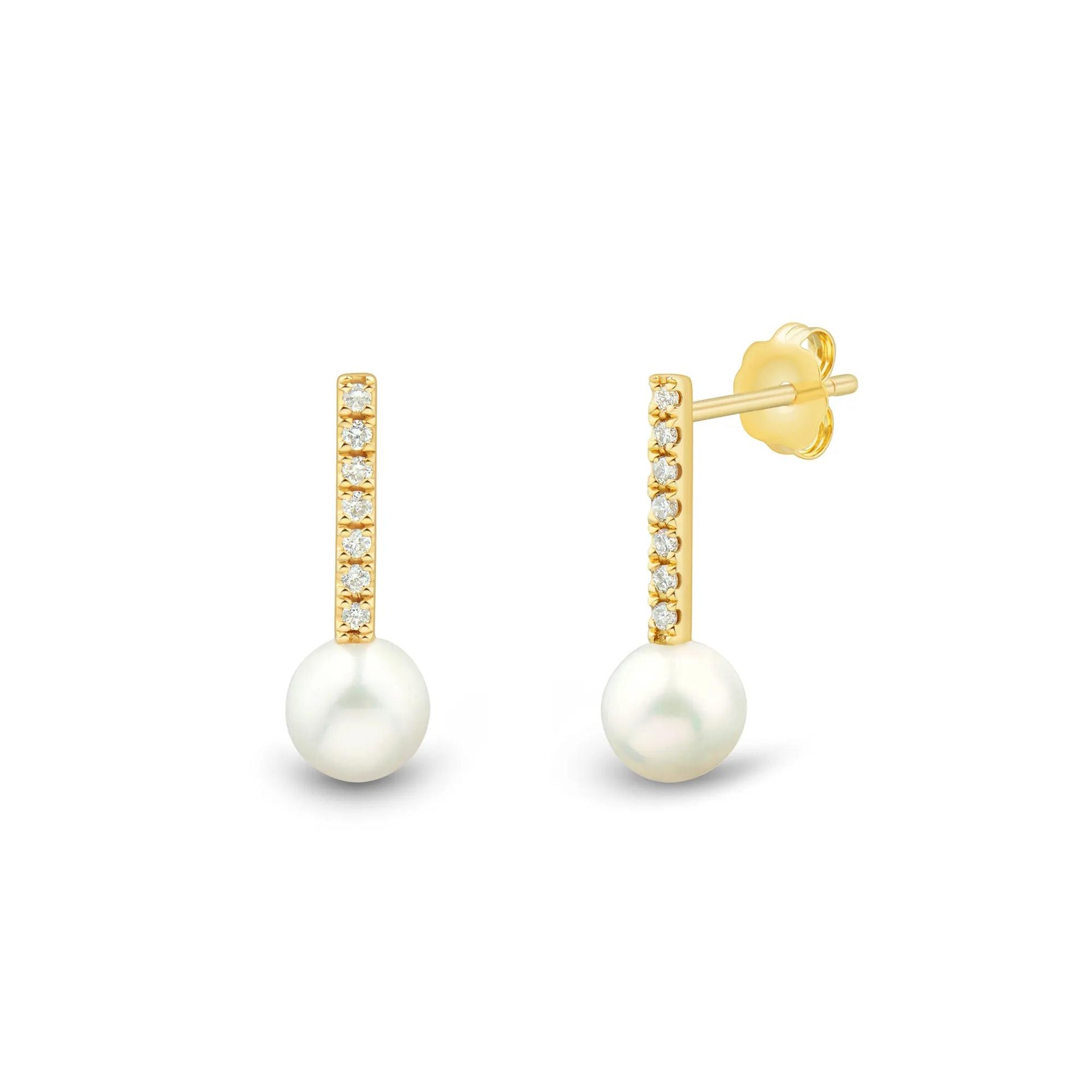 1/10 CT. Tw. Freshwater Cultured Pearl and Diamond Drop Earrings 10K Yellow Gold Size 5.50mm