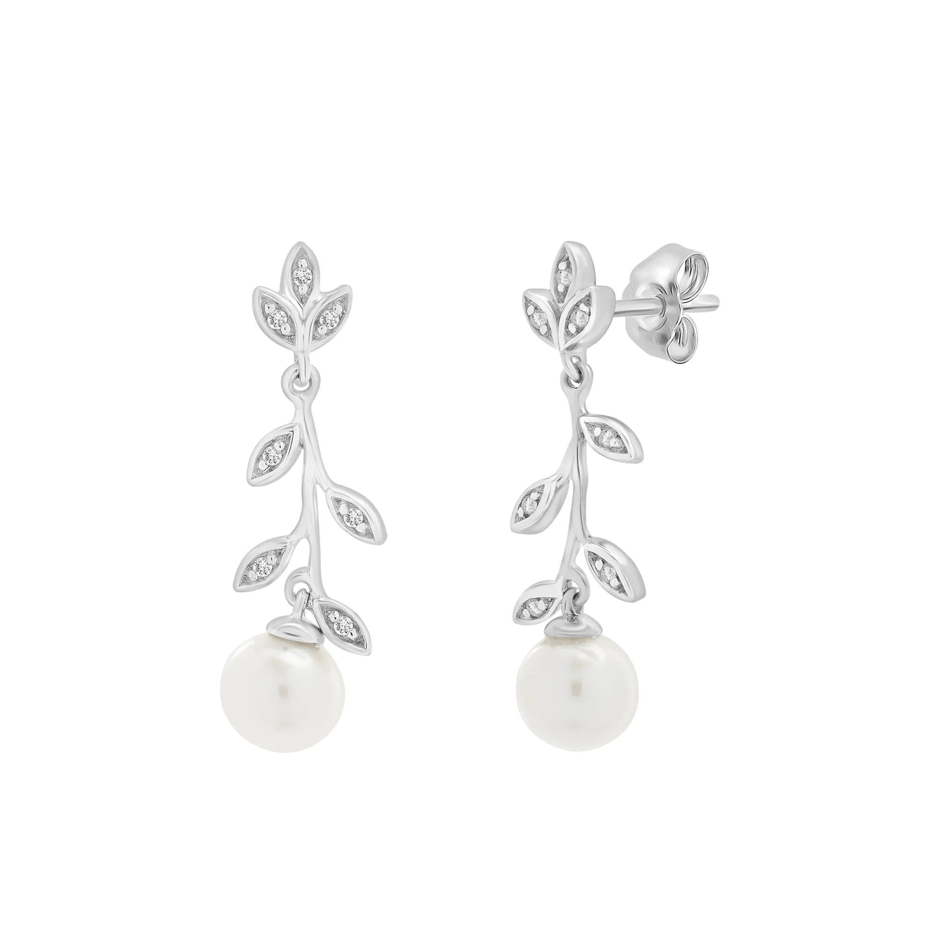 Freshwater Cultured Pearl and Diamond Leaf Drop Earrings .925 Sterling Silver White Size 6.20mm