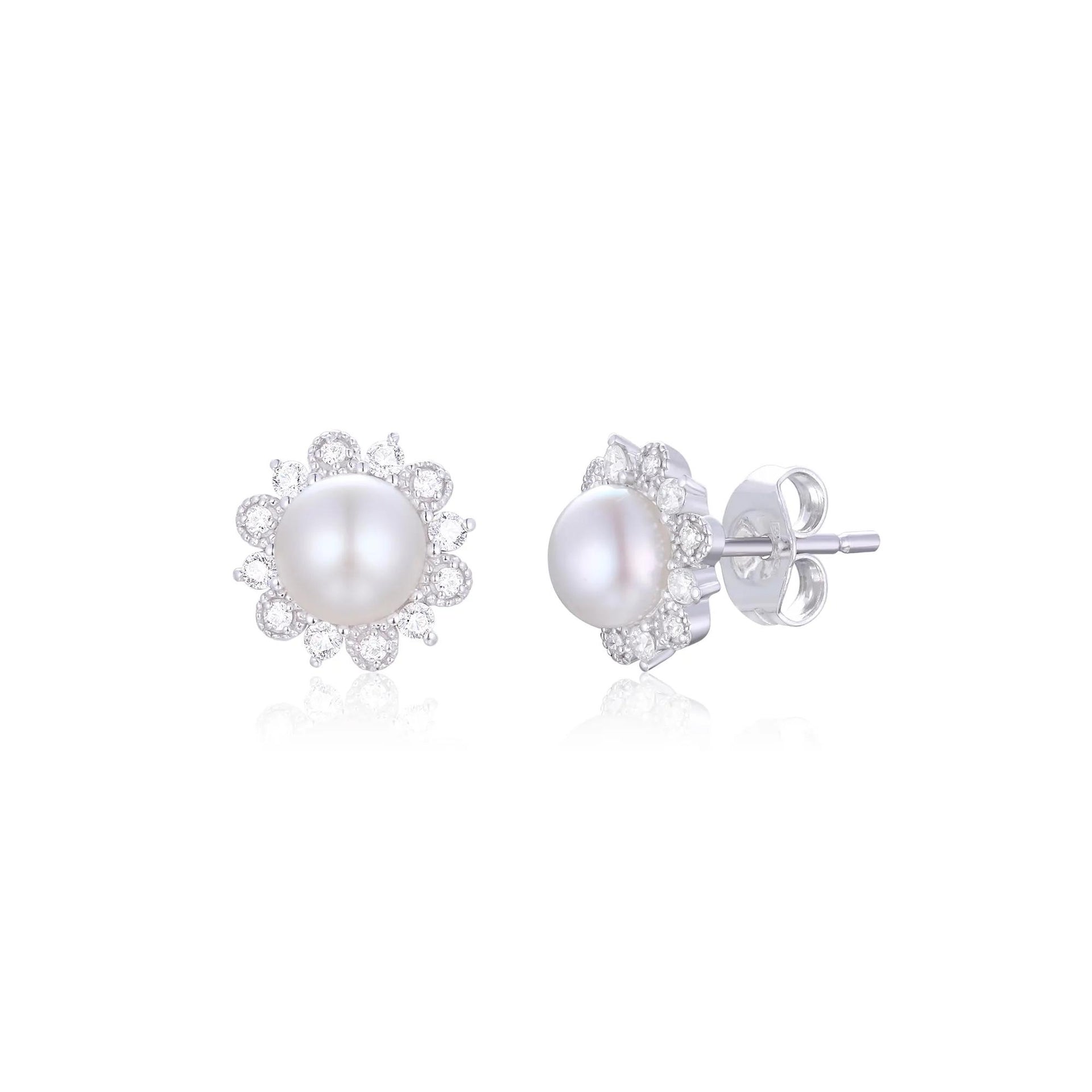 1/5 CT. Tw. Freshwater Cultured Pearl & Diamond Stud Earrings 10K White Gold Size 9.50mm