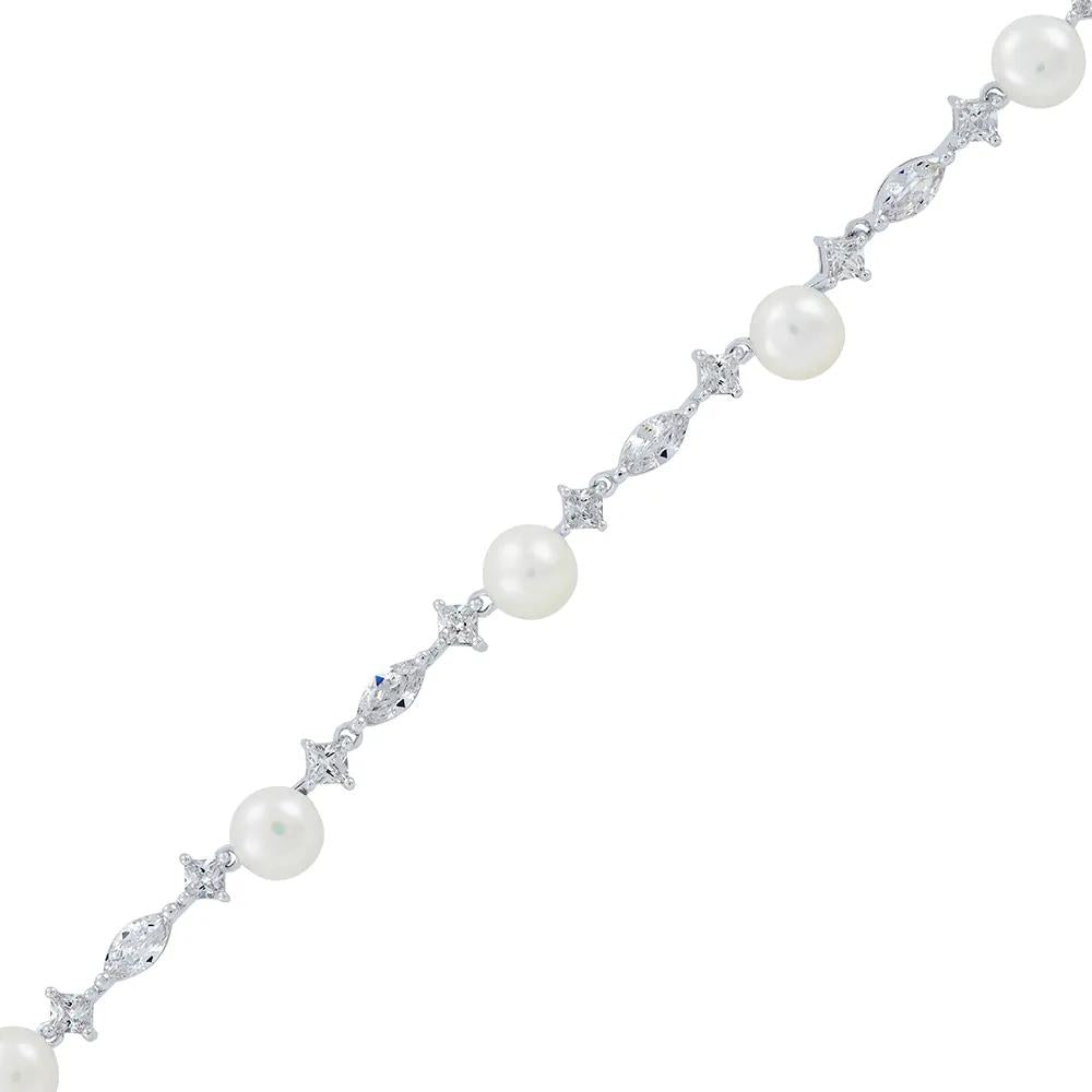 Freshwater Cultured Pearl & Lab Created White Sapphire Necklace .925 Sterling Silver Size 17"