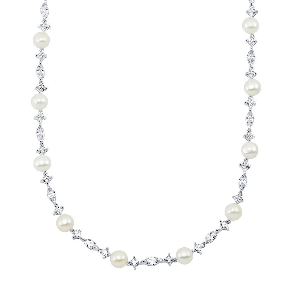 Freshwater Cultured Pearl & Lab Created White Sapphire Necklace .925 Sterling Silver Size 17"
