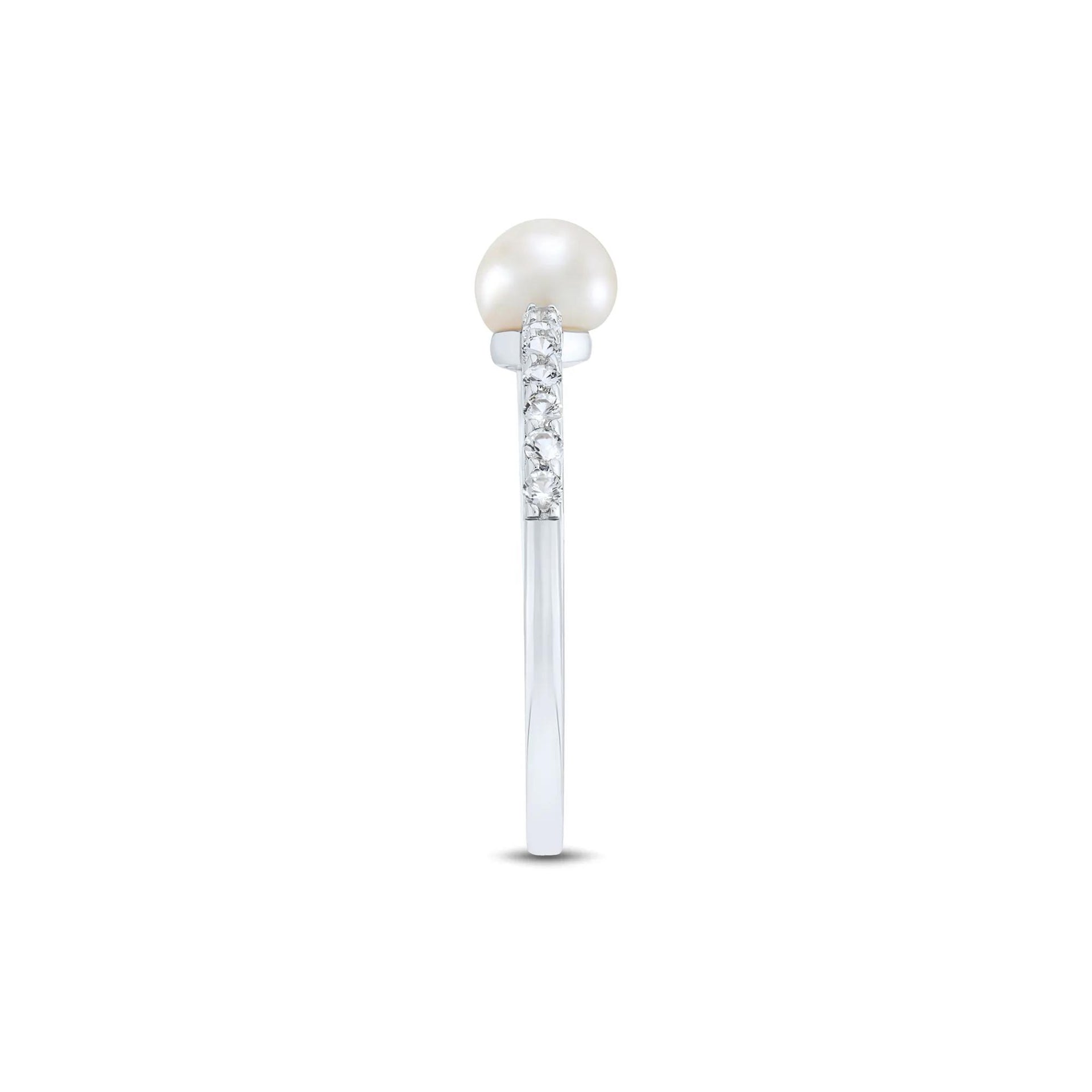 Freshwater Cultured Pearl and Lab Created White Sapphire Stack Ring .925 Sterling Silver Size 6 1mm