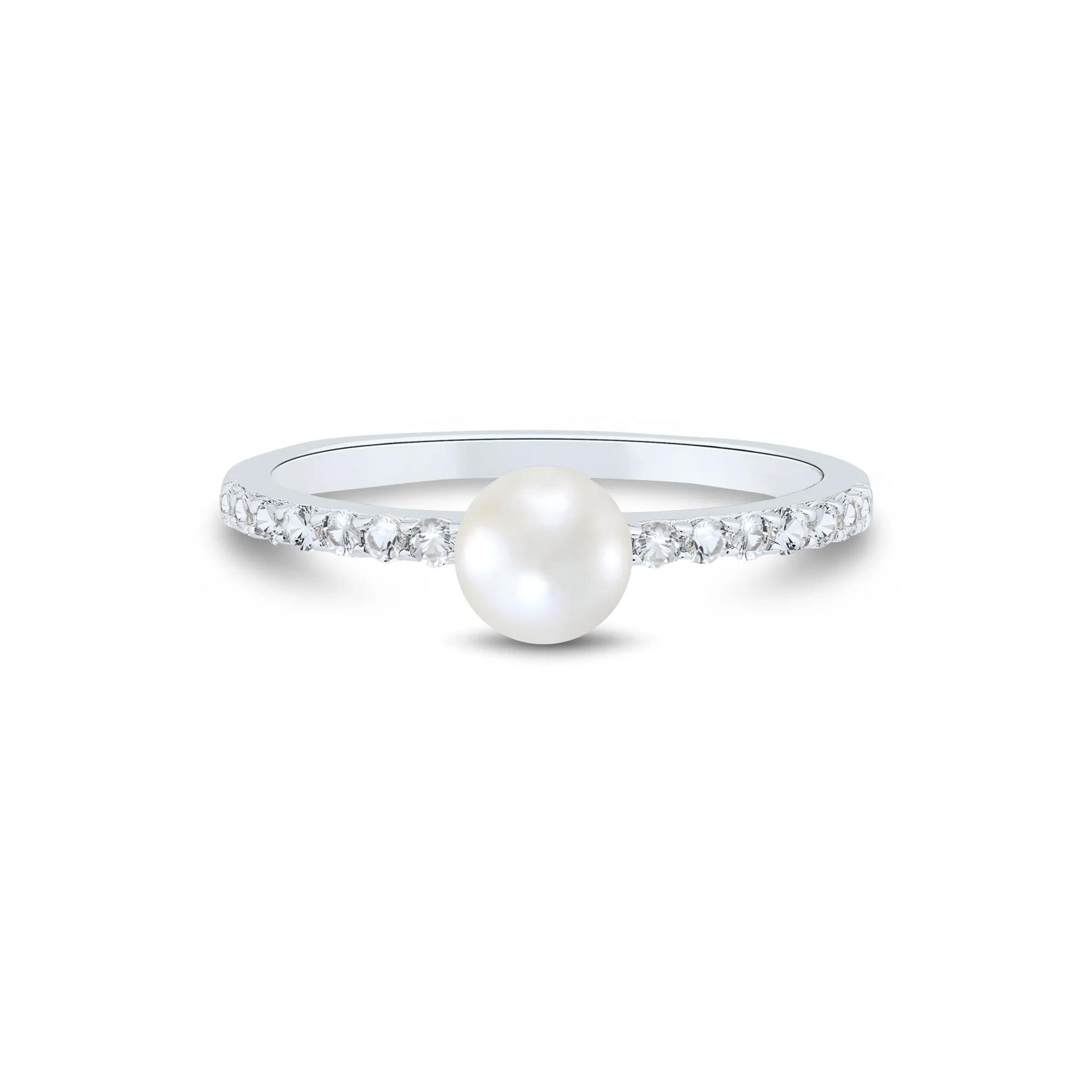 Freshwater Cultured Pearl and Lab Created White Sapphire Stack Ring .925 Sterling Silver Size 9 1mm