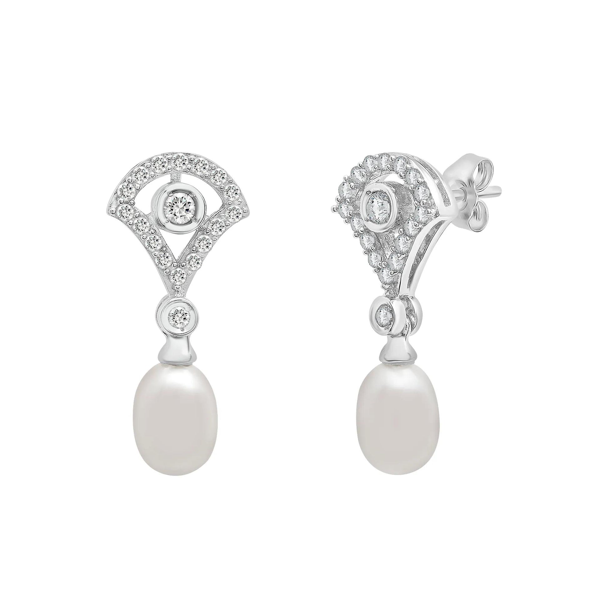 Freshwater Cultured Pearl and Lab Grown White Sapphire Drop Earrings .925 Sterling Silver Size 10.00mm