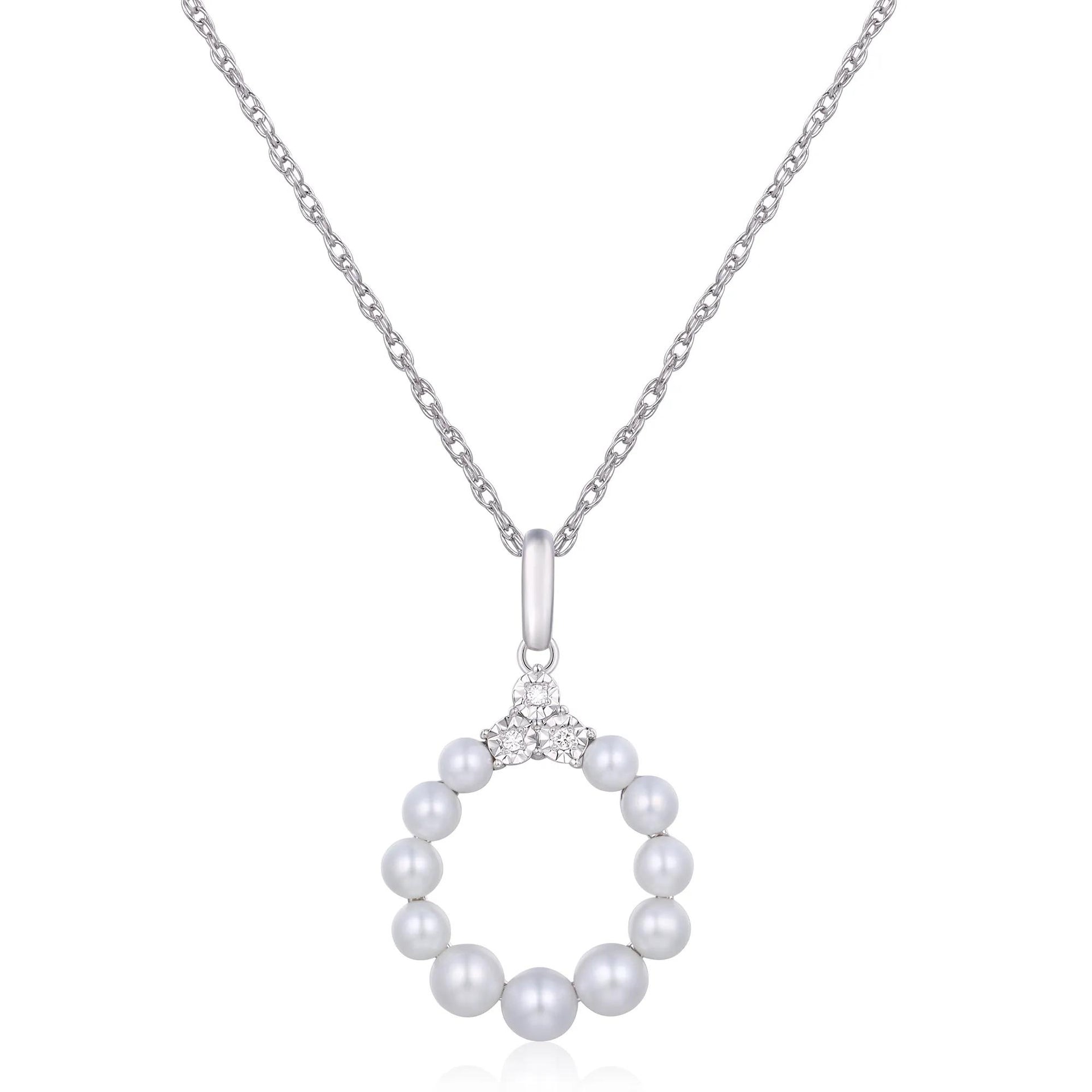 Freshwater Cultured Pearl Diamond Accent Circle Pendant Necklace .925 Sterling Silver White Size 18"