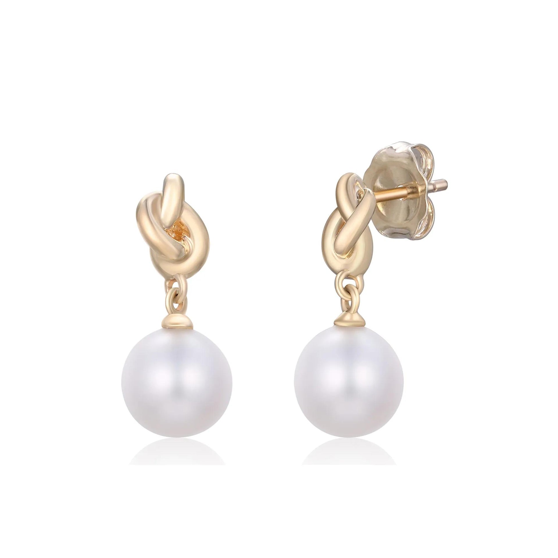 Freshwater Cultured Pearl Knot Drop Earrings 10K Yellow Gold Size 7.20mm