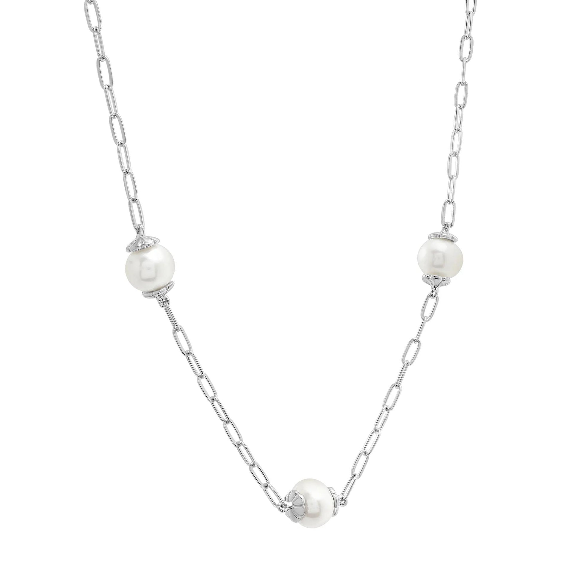 Freshwater Cultured Pearl Paperclip Chain Station Necklace .925 Sterling Silver White Size 17"