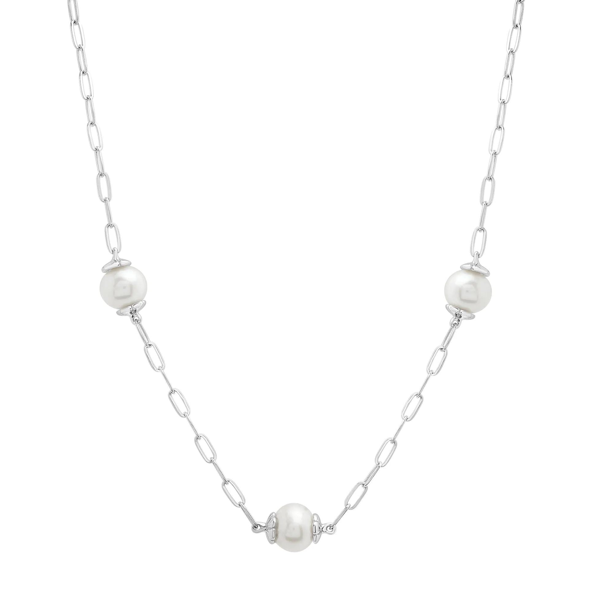 Freshwater Cultured Pearl Paperclip Chain Station Necklace .925 Sterling Silver White Size 17"