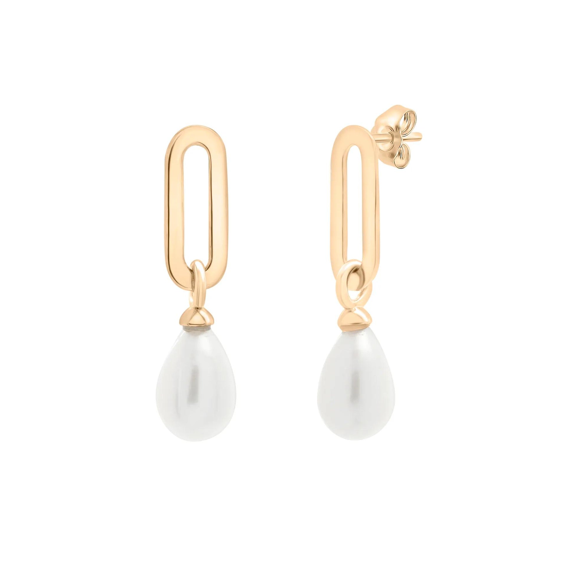 Freshwater Cultured Pearl Paperclip Drop Earrings 10K Yellow Gold Size 6.00mm