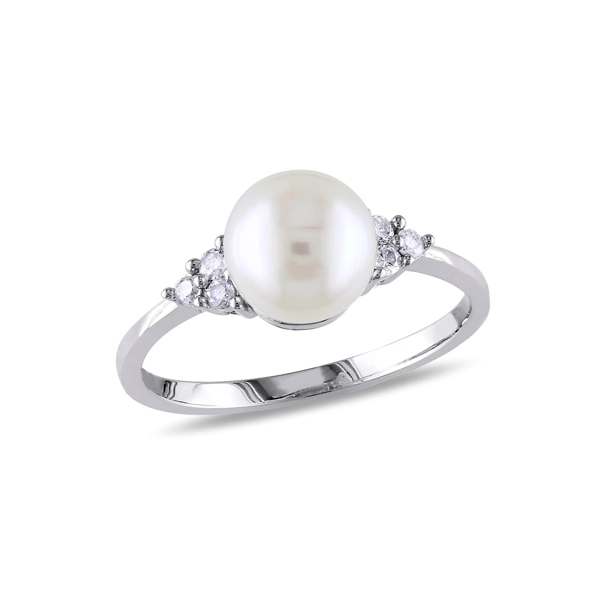 1/8 CT. Tw. Freshwater Pearl & Diamond Ring 10K White Gold Round Brilliant Cut Size 11.5