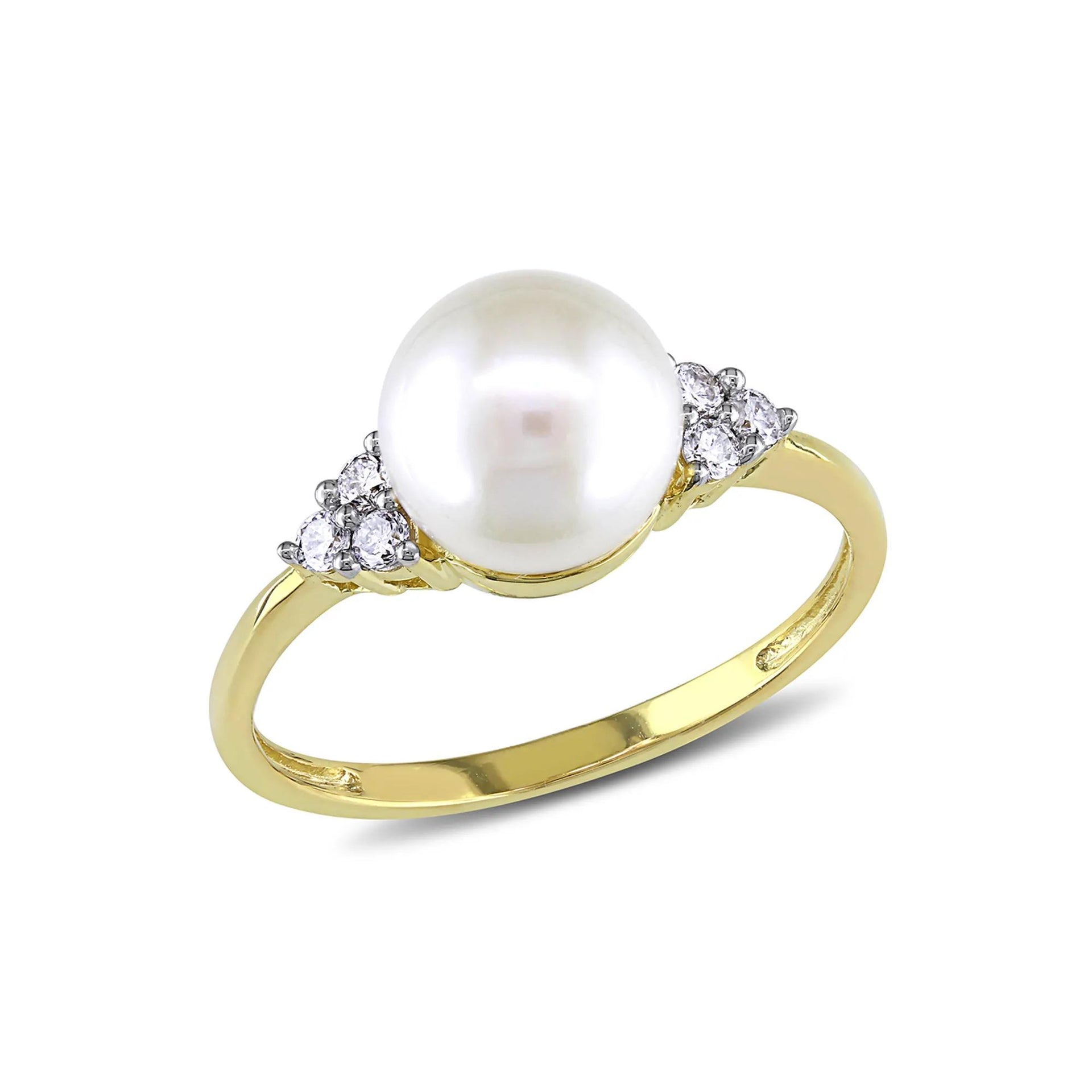1/8 CT. Tw. Freshwater Pearl & Diamond Ring 10K Yellow Gold Round Brilliant Cut Size 9