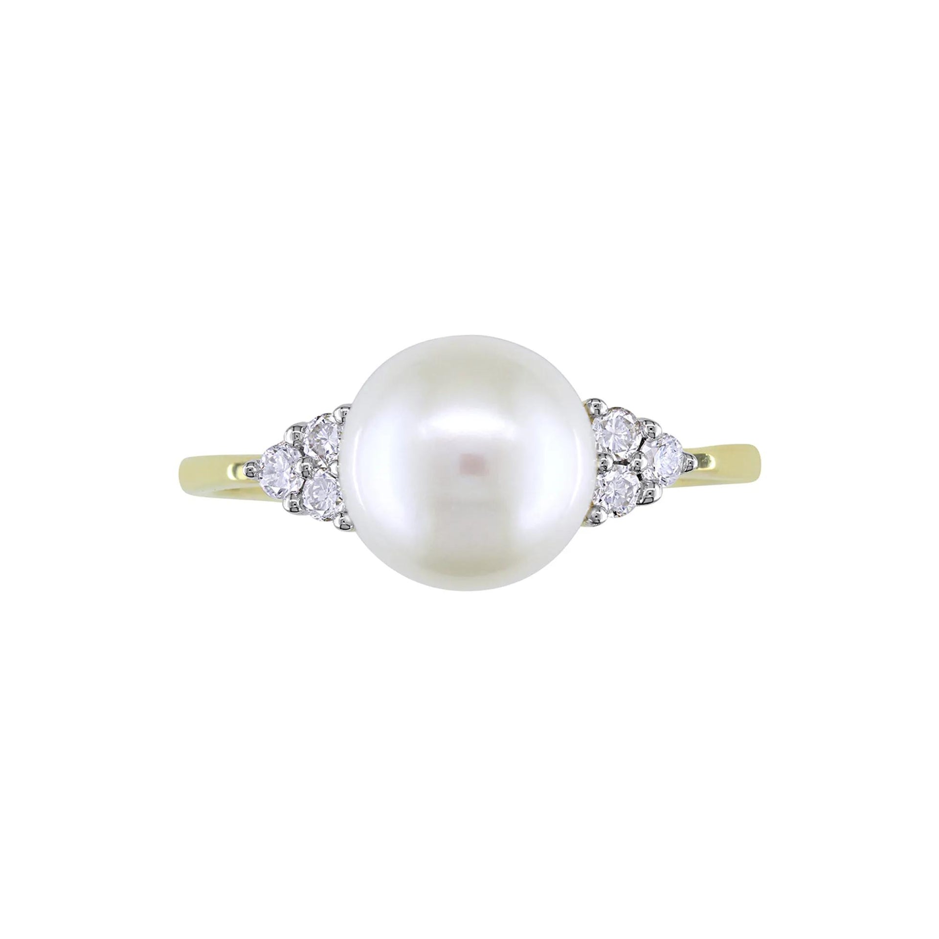 1/8 CT. Tw. Freshwater Pearl & Diamond Ring 10K Yellow Gold Round Brilliant Cut Size 9