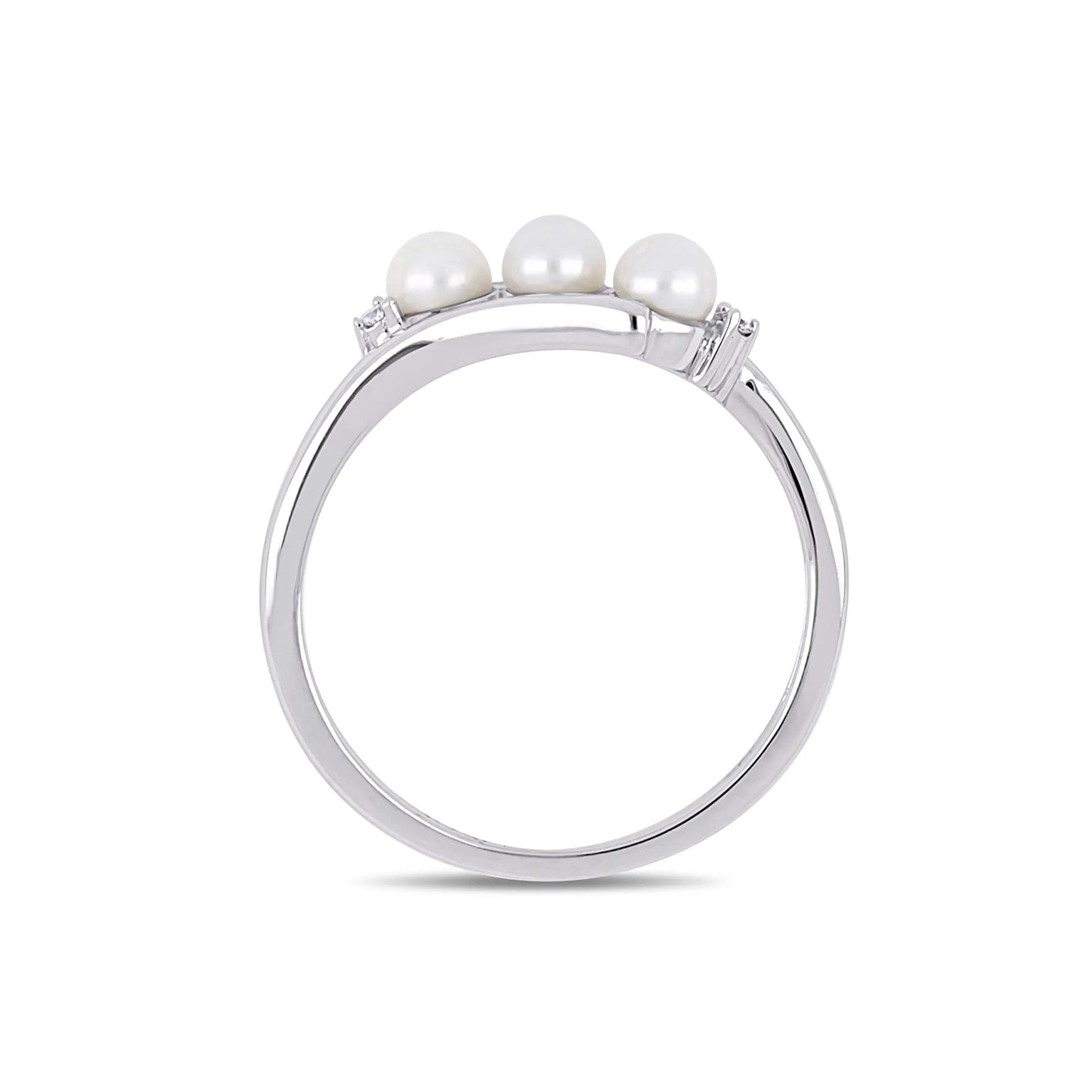 Freshwater Pearl & Diamond Ring 10K White Gold Round Brilliant Cut Size 5.5