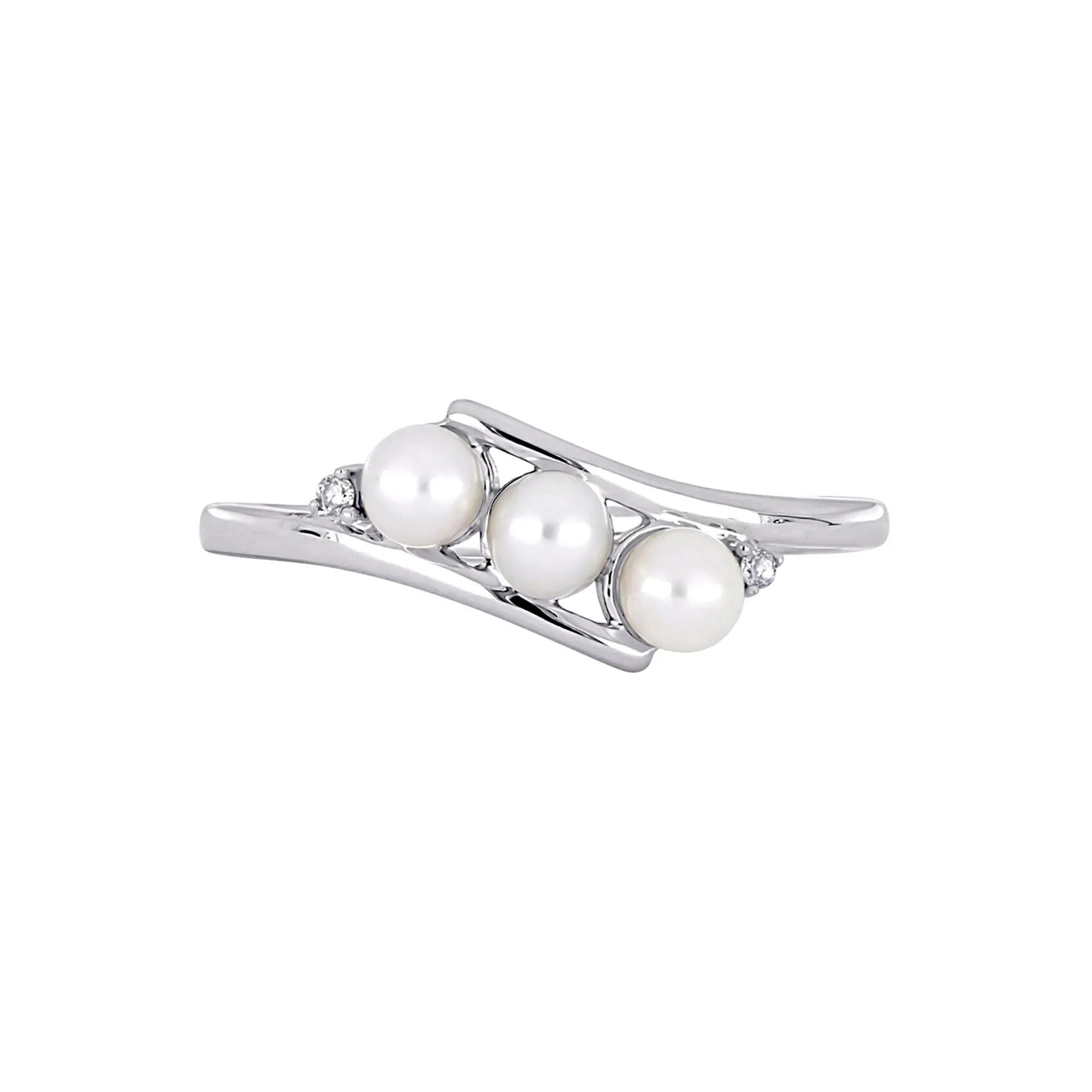 Freshwater Pearl & Diamond Ring 10K White Gold Round Brilliant Cut Size 5.5