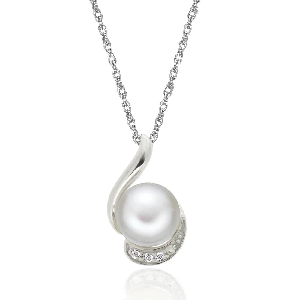 Freshwater Pearl & Lab Created White Sapphire Pendant Necklace .925 Sterling Silver Size 18"