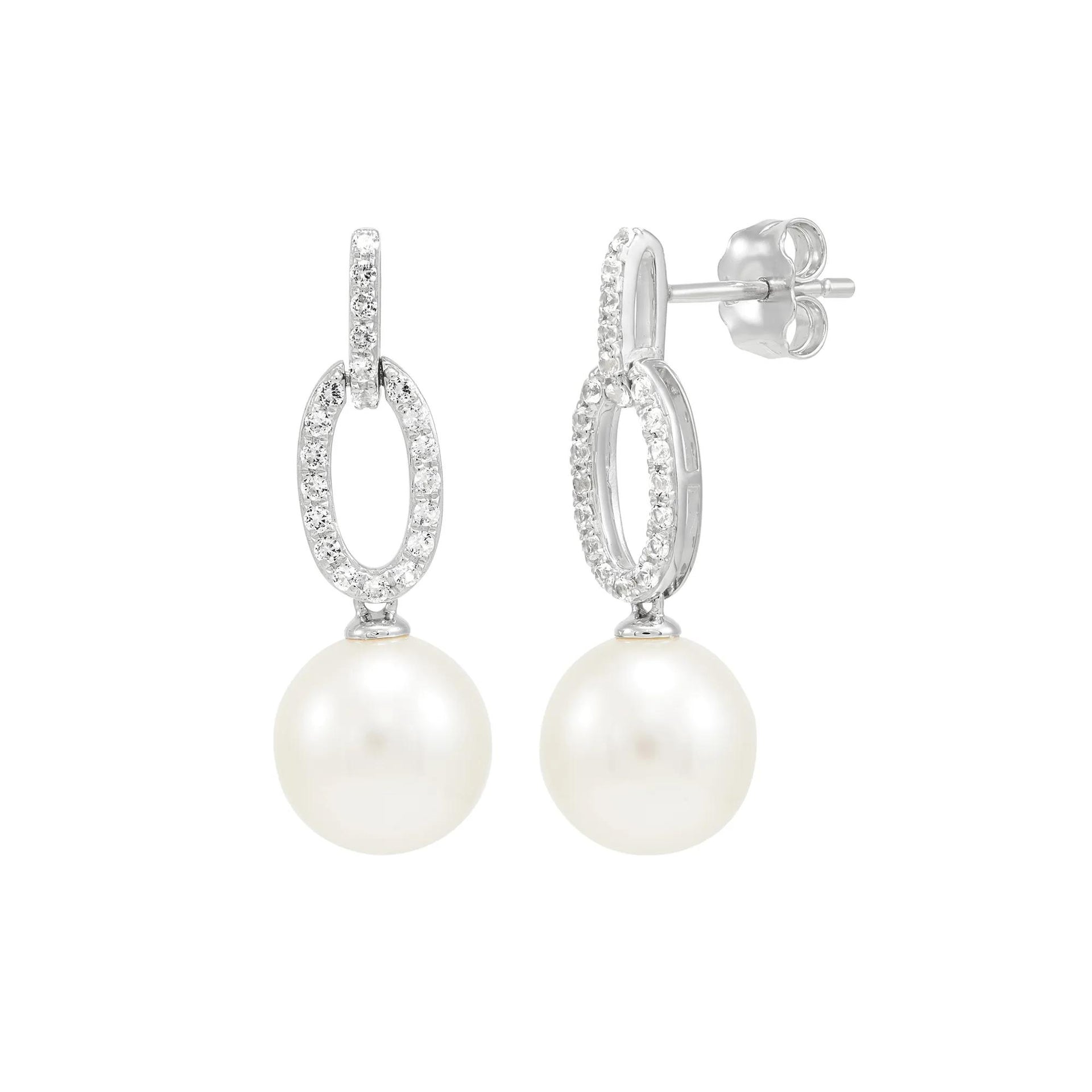 Freshwater Pearl & White Sapphire Drop Earrings .925 Sterling Silver Size 5.40mm