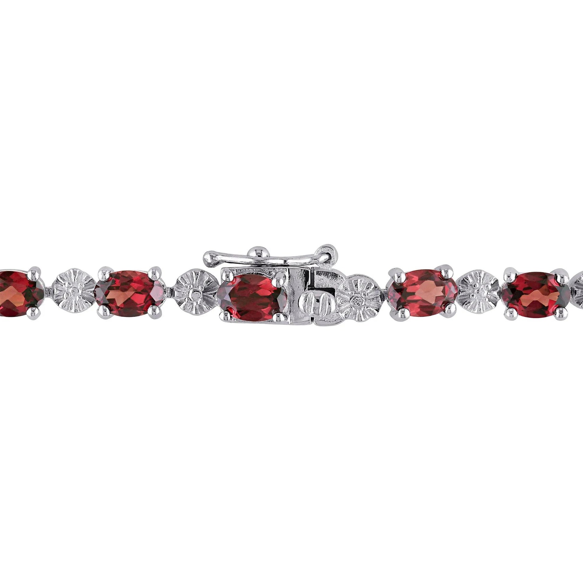 Garnet and Diamond Accent Bracelet .925 Sterling Silver White Size 4.70mm